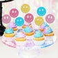 24 Pcs Preppy Smile Face Cupcake Toppers Colorful Glitter Star Lightning Y2K 2000S Pink Party Bachelorette Cupcake Picks For Pre