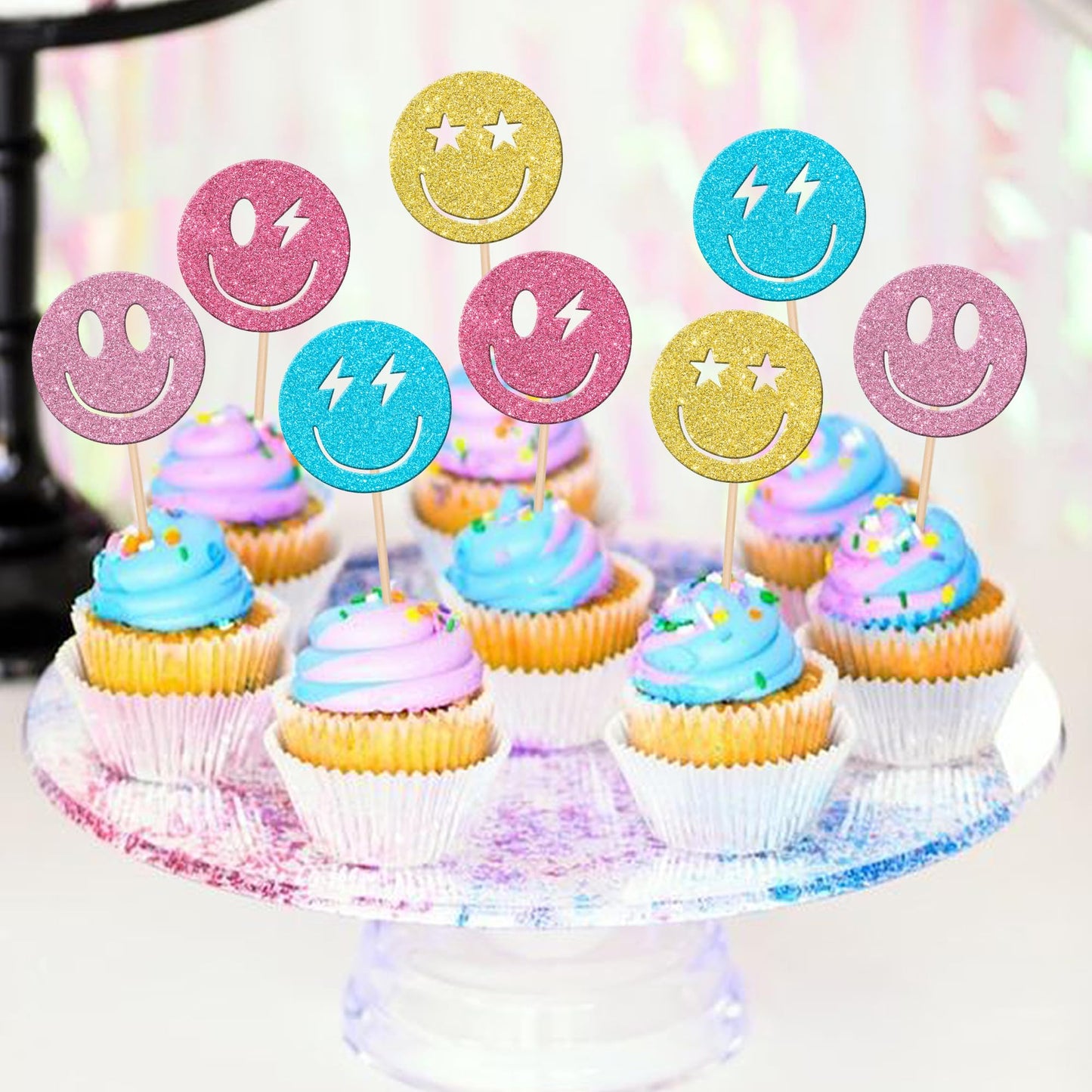 24 Pcs Preppy Smile Face Cupcake Toppers Colorful Glitter Star Lightning Y2K 2000S Pink Party Bachelorette Cupcake Picks For Pre