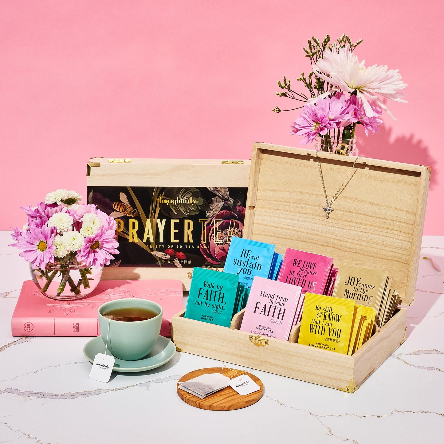 Thoughtfully Gourmet, Christian Prayer Tea Gift Set With Bible Verses, Includes 90 Teas In 6 Flavors In Enhanced Wooden Box, Religious Gifts For Women, Mom, Sister, Friend