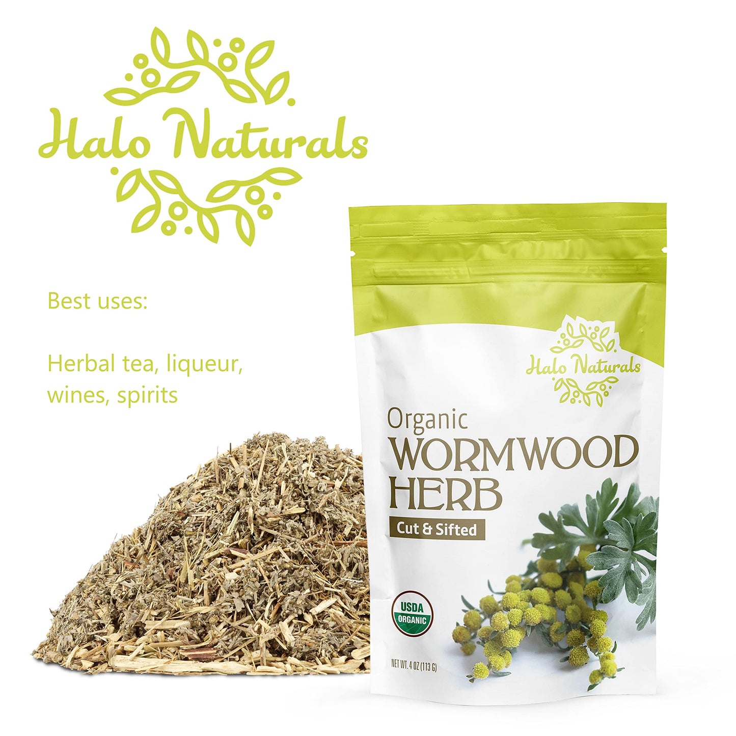 Halo Naturals Organic Wormwood Herb Cut & Sifted, 4 Ounces (Artemisia Absinthium) Usda Certified Wormwood Tea | Non-Gmo | Vegan|