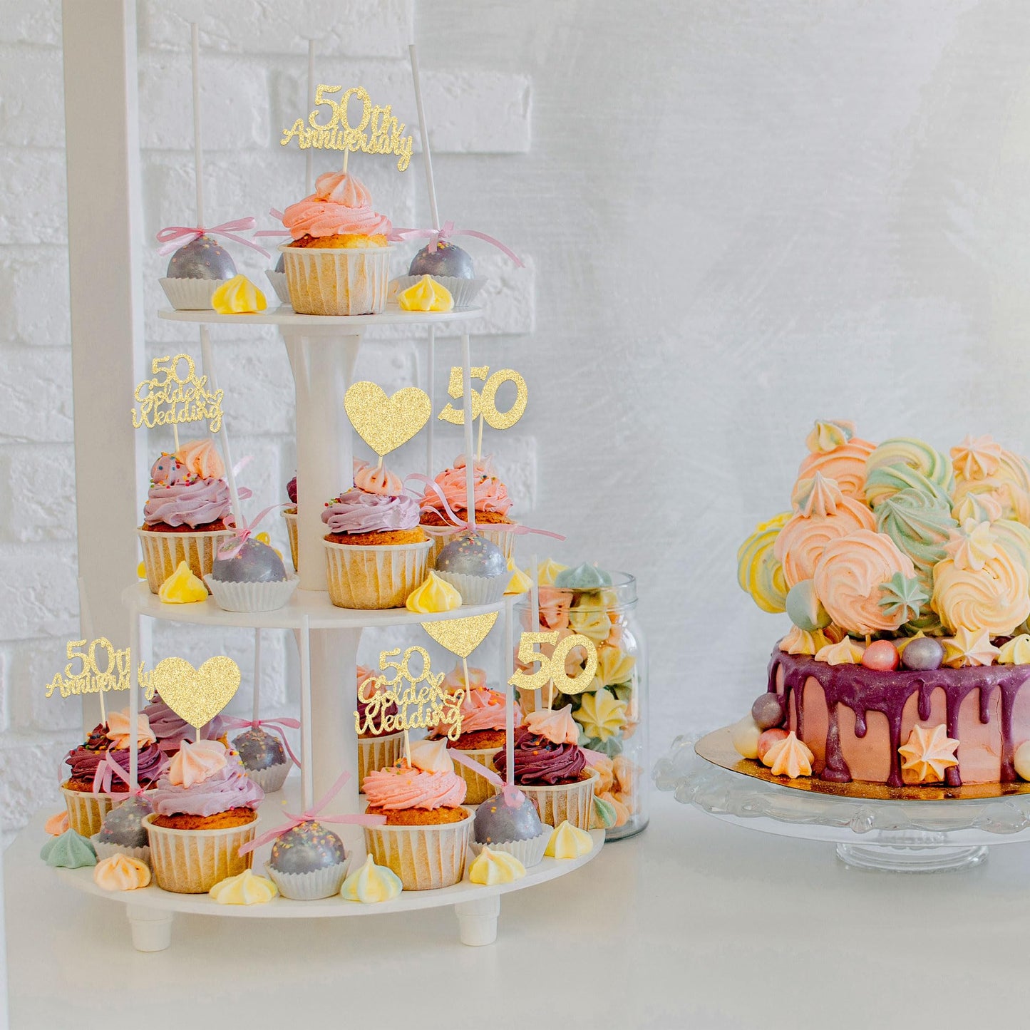 Gyufise 24Pcs 50Th Wedding Anniversary Cupcake Toppers Gold Glitter 50Th Golden Wedding Anniversary Heart Cake Decoration For Ce