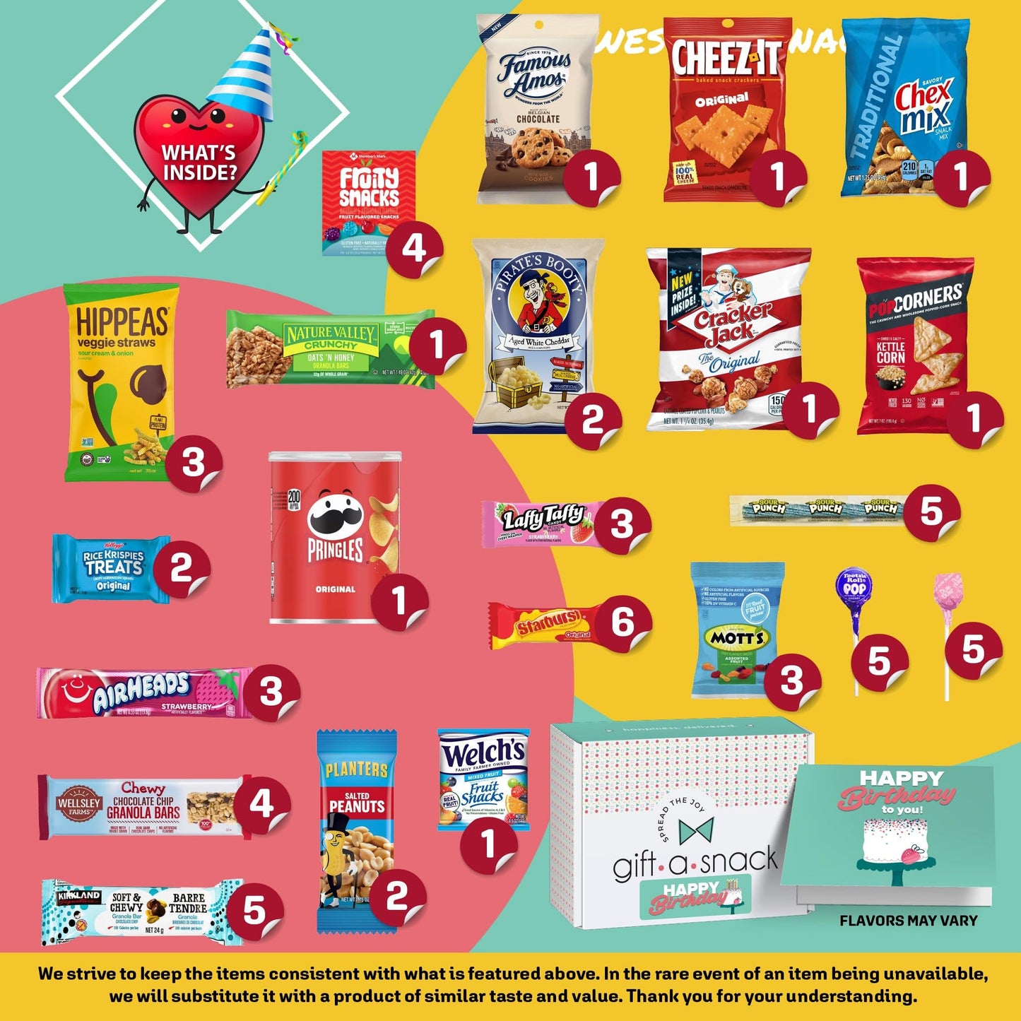 Gift A Snack - Happy Birthday Snack Box Variety Pack Care Package + Greeting Card (60 Count) Bday Sweet Treats Gift Basket, Cand