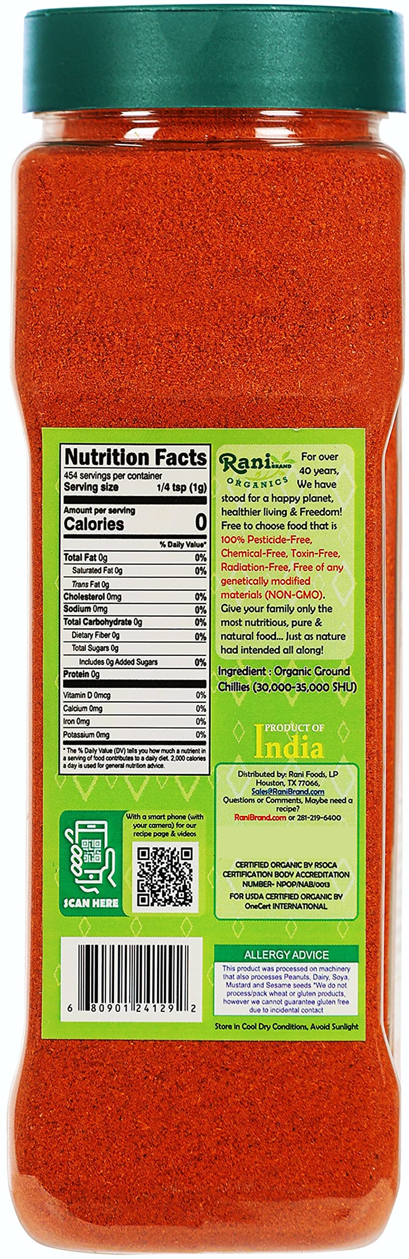Rani Organic Chilli Powder (Mirchi Ground) 16Oz (1Lb) 454G Pet Jar ~ All Natural | Vegan | Gluten Friendly | Non-Gmo | Indian Or