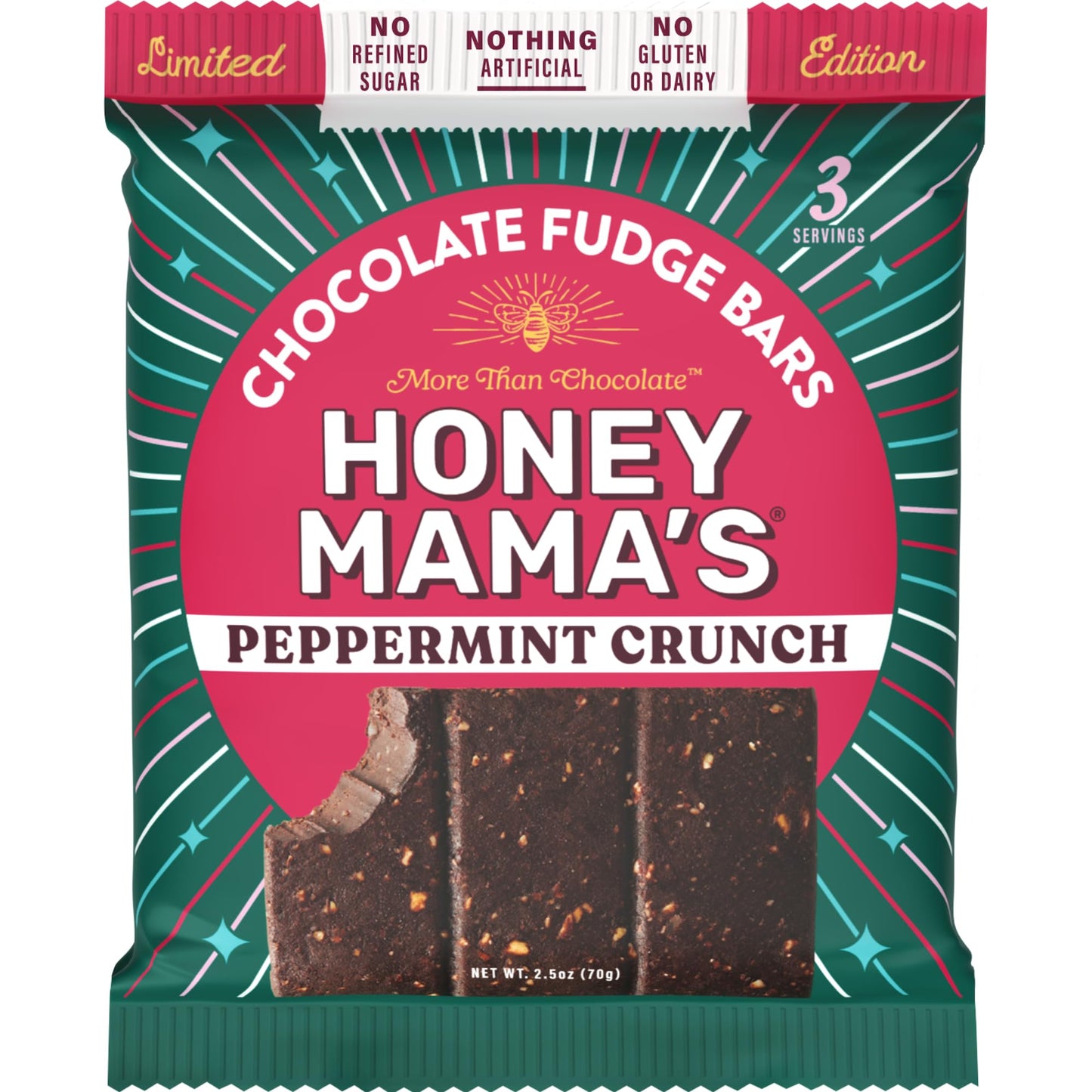 Honey MamaS  Peppermint Crunch Special Release Chocolate Fudge Bars  No Refined Sugar  Gluten Free  Dairy Free  Soy Free  No Seed Oils  Paleo  2.5 Ounce  3-Serving Bar