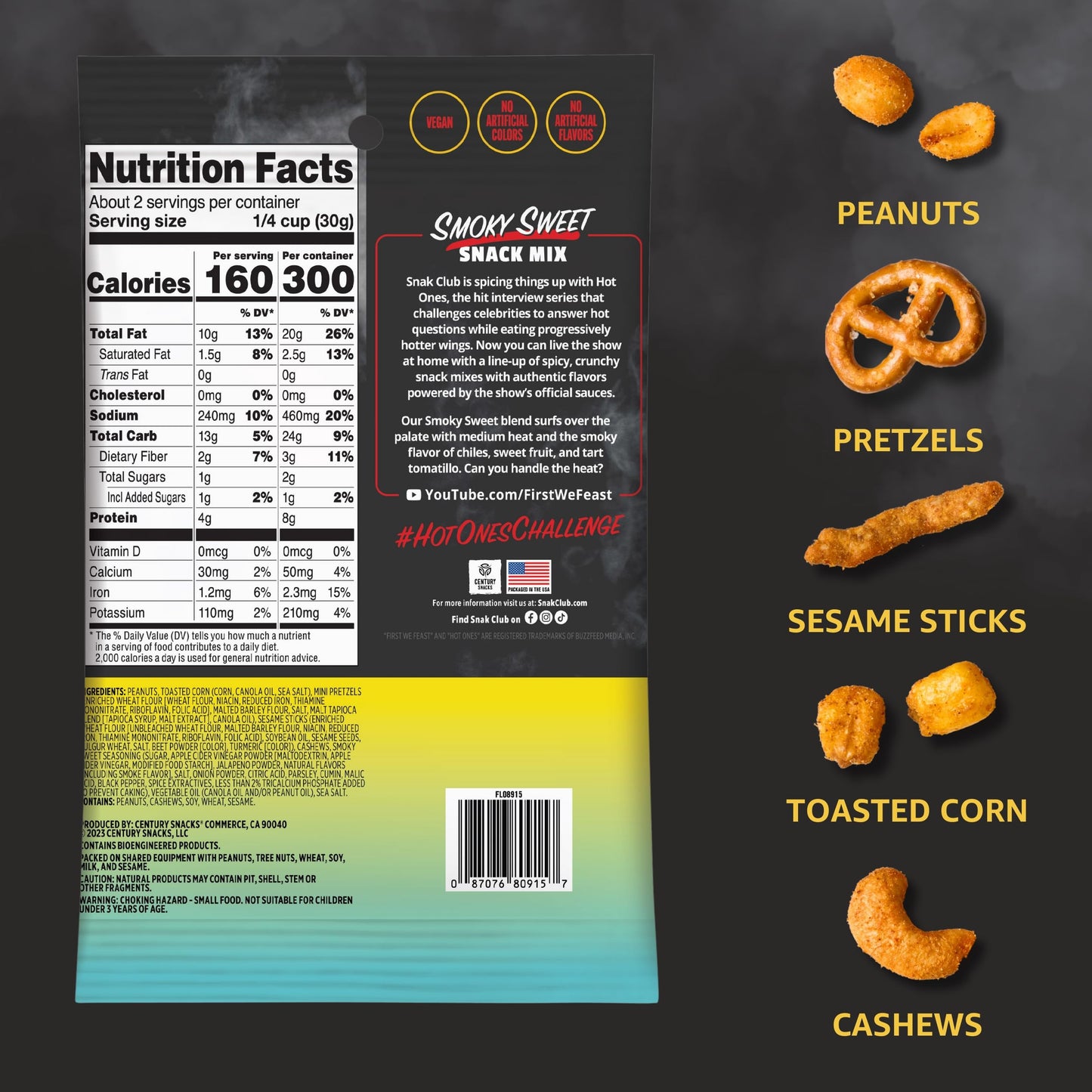 Snak Club Smoky Sweet Snack Mix, Spicy Peanuts, Pretzels, Sesame Sticks, 2 oz Bag (12 Count)