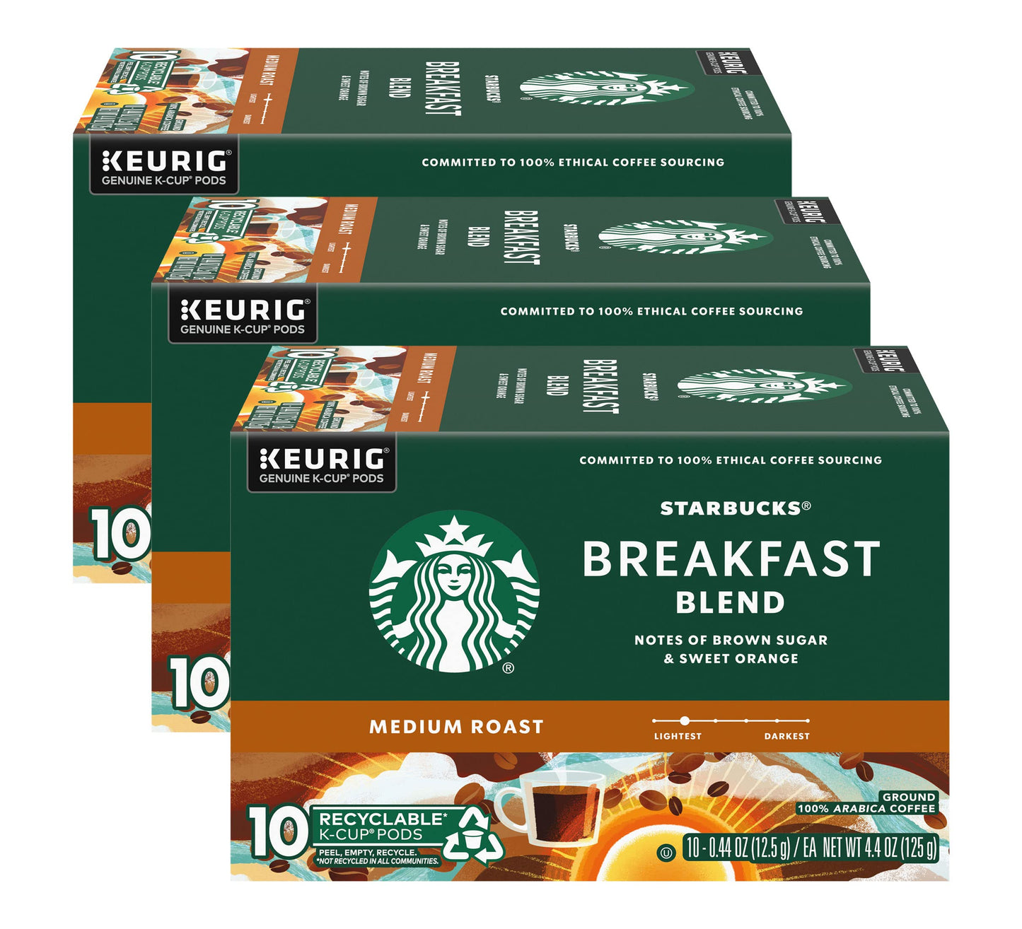 Starbucks Coffee K-Cup Pods, Breakfast Blend, Medium Roast, 10 Count (Pack of 3), White and Brown, Model DCS-3166