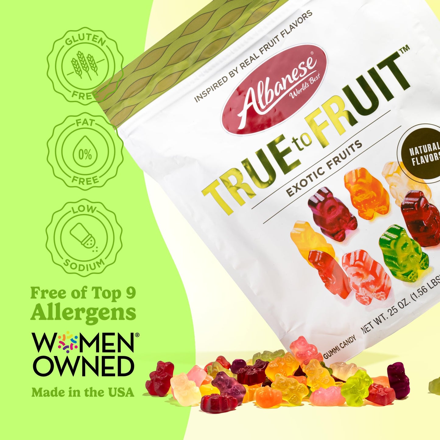 Albanese Worlds Best True to Fruit Exotic Fruits | 25oz Bag of Candy | 8 Natural Flavors and Colors, Soft Gummy Bears | Fuji Ap