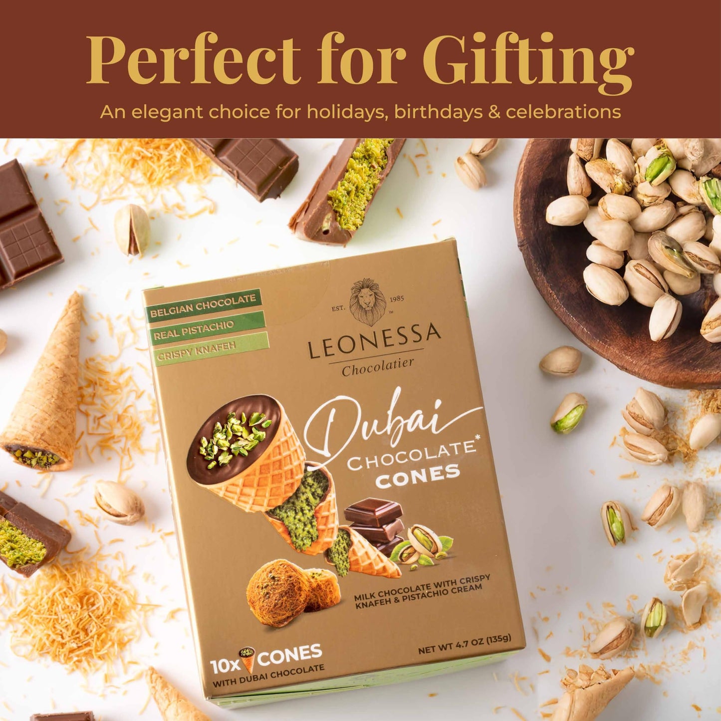Leonessa Dubai Chocolate Cones with Pistachio Kunafa | Made with enhanced Belgian Chocolates | Kunafa Chocolate | Chocolates de Dubai - 4.7 oz