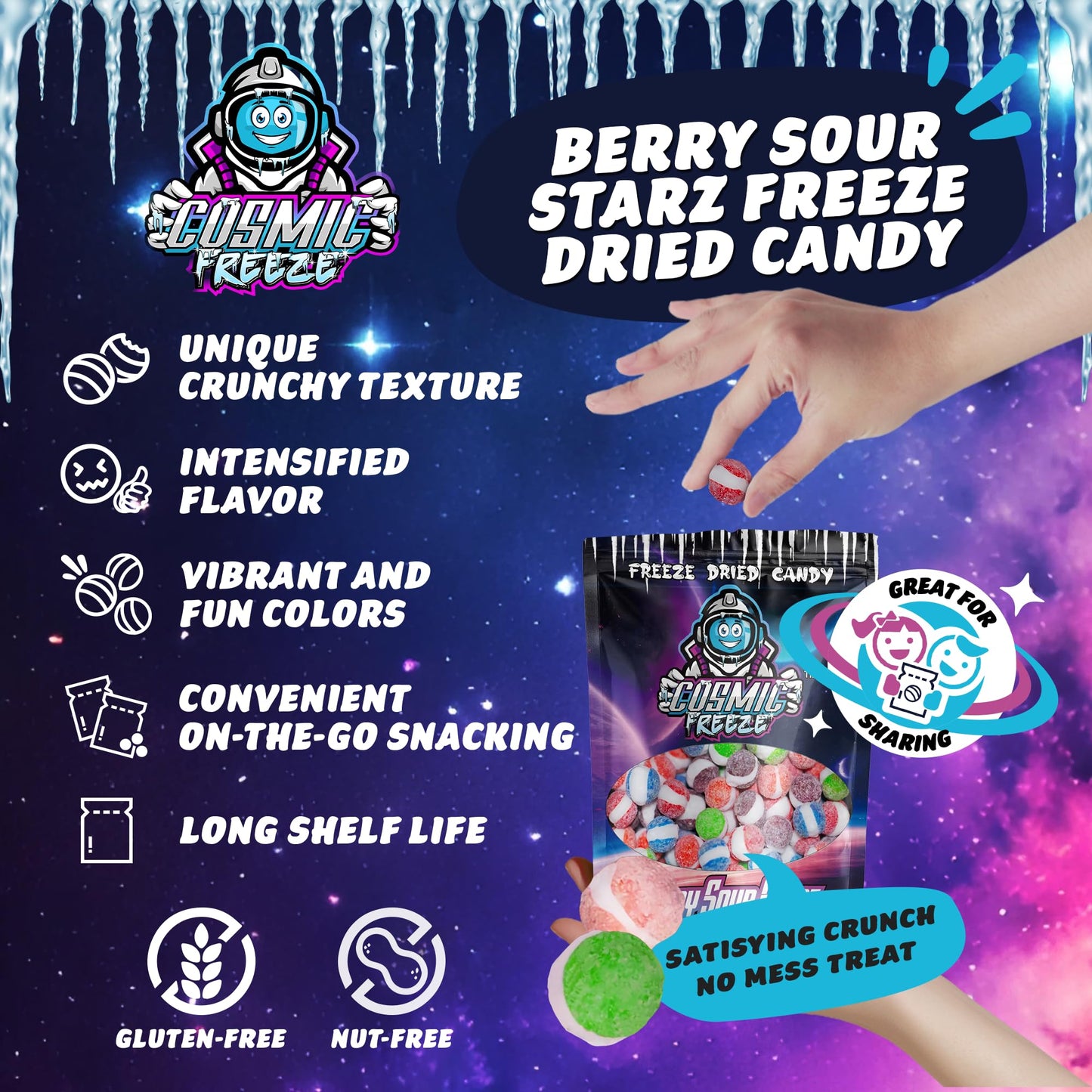 Cosmic Freeze Berry Sour Starz Dried Candy, Crunchy Dry Candy For Mix-In Snacks Dried, Gluten-Free, Made In Usa, 2.4 Oz, 3-Pack