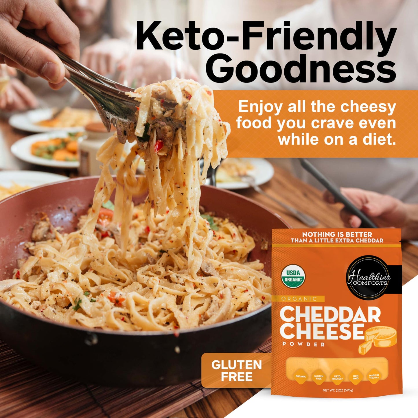 Healthier Comforts Organic Cheddar Cheese Powder | Gluten Free  Keto-Friendly  Non-GMO   &   Free | Perfect for Popcorn Seasoning  Mac and Cheese  Pasta & Sauces (21 oz)