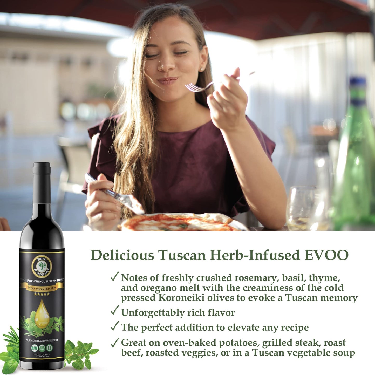 M.G. PAPPAS Extra Virgin Olive Oil, Tuscan Herb Infused, Unfiltered, 12.7 Fl Oz, Polyphenol Lab Report 550mg/kg, Award Winning