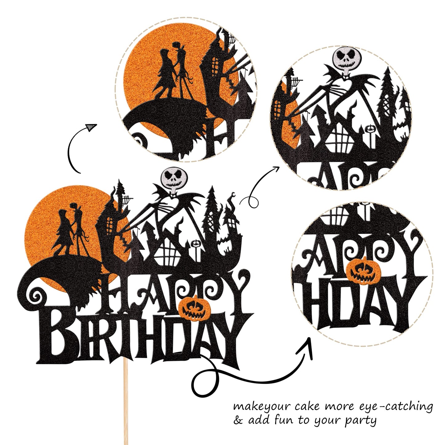 1 Pcs Halloween Happy Birthday Cake Topper Glitter Jack And Sally Pumpkin Bat Castle Ghost Halloween Cake Pick For Halloween The