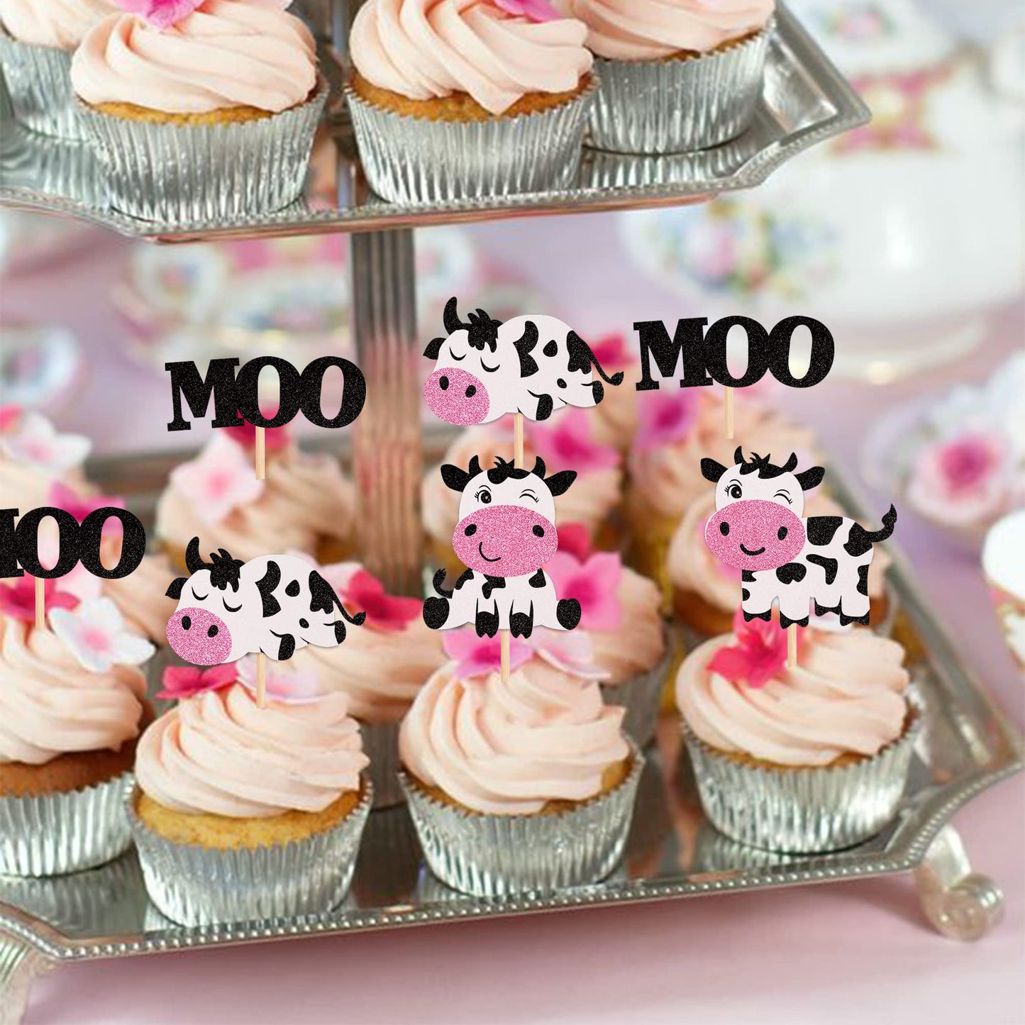 24 Pcs Cow Cupcake Toppers Glitter Farm Animals Moo Cupcake Picks Cow Theme Baby Shower Kids Birthday Party Cake Decorations Sup