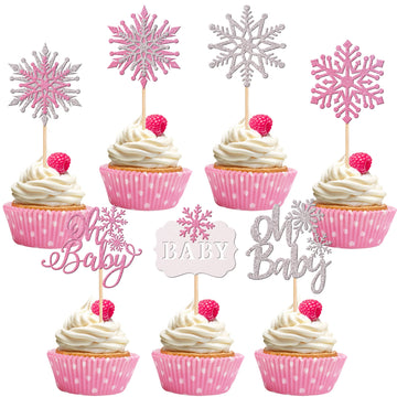 28 Pcs Oh Baby Snowflake Cupcake Toppers Glitter Winter Frozen Theme Snowflake Cupcake Picks For Winter Wonderland Gender Reveal