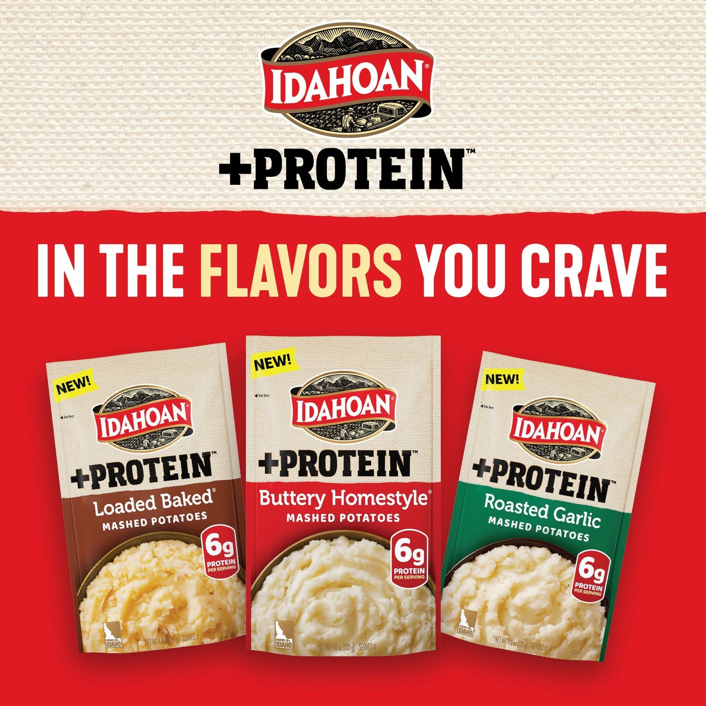 Idahoan Buttery Homestyle +Protein Mashed Potatoes, Naturally Gluten-Free, 100% Real Idaho Potatoes, 4 servings per bag, 4.6 oun