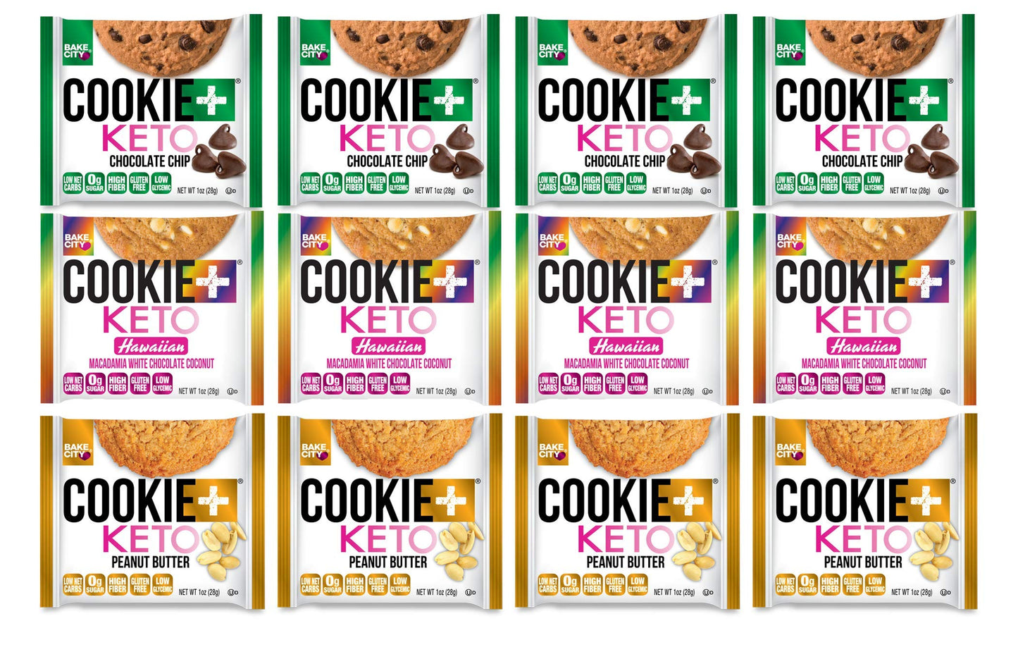 Bake City Cookie Plus Keto | 1Oz Variety Pack Best Sellers Cookies (12 Pack), Gluten Free, 0G Sugar, Only 1.5G Net Carbs, Good Fats, 5G Protein, Kosher, No Artificial Flavors