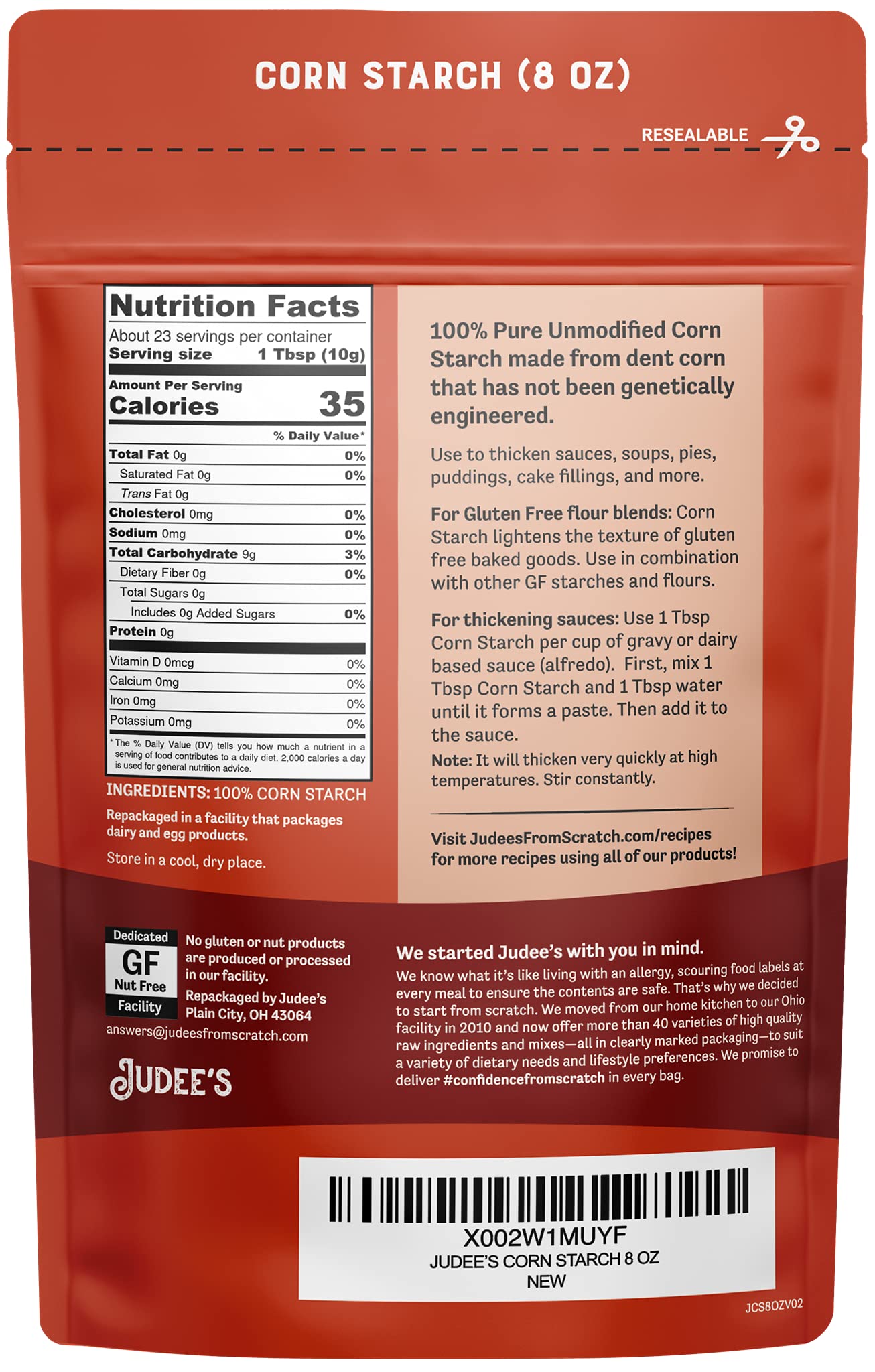 Judees Corn Starch 8 oz - 100% Non-GMO and Just One Ingredient - Gluten-Free and Nut-Free - Great Thickener for Sauces, Soups, a