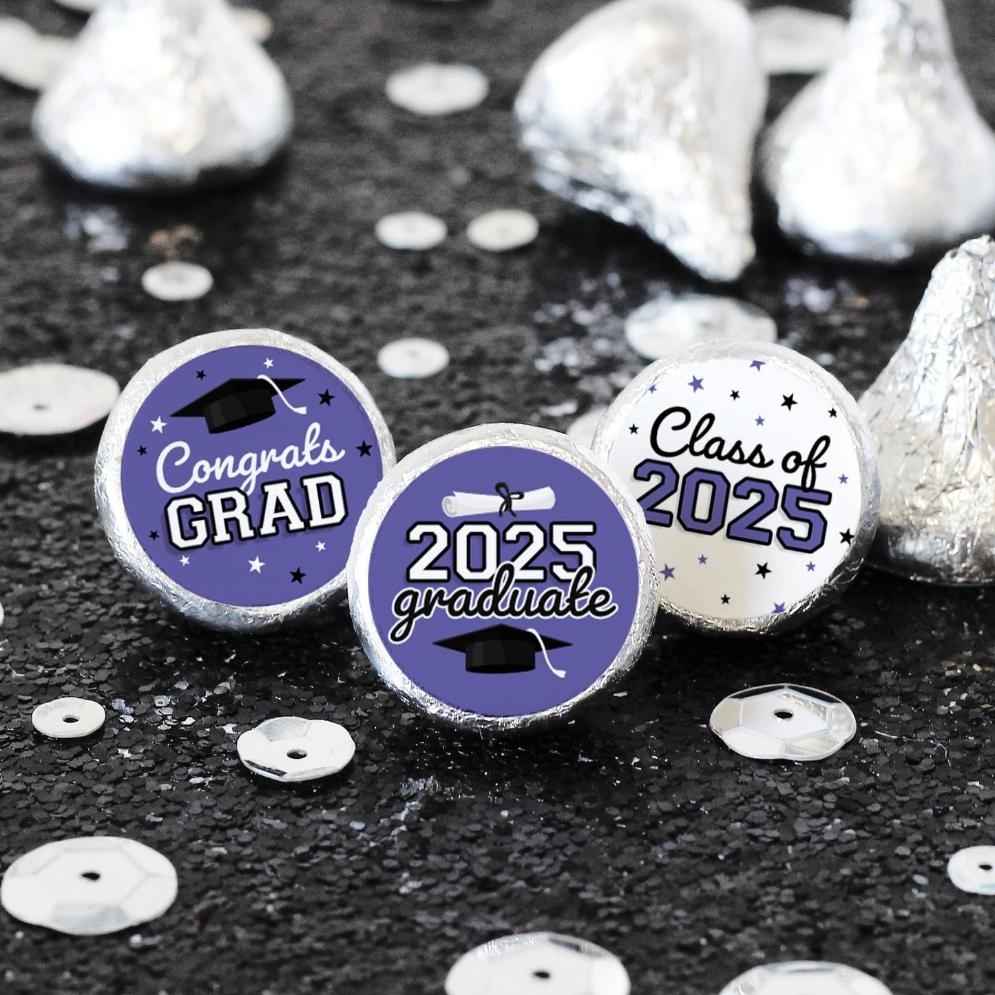 Purple Graduation Party Stickers For Kisses Candy, Chocolate Drops, 2025 Grad Party Favors - 180 Count