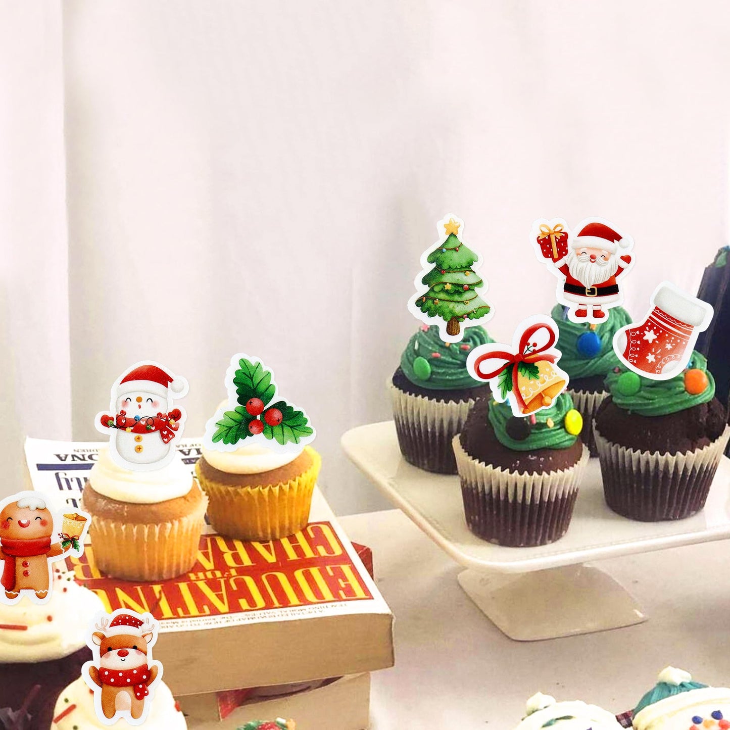 Ercadio 40 Pcs Edible Merry Christmas Cupcake Toppers Santa Claus Christmas Tree Snowman Cupcake Drink Topper Picks For Celebrating Merry Christmas Theme New Year Holiday Party Cake Decorations
