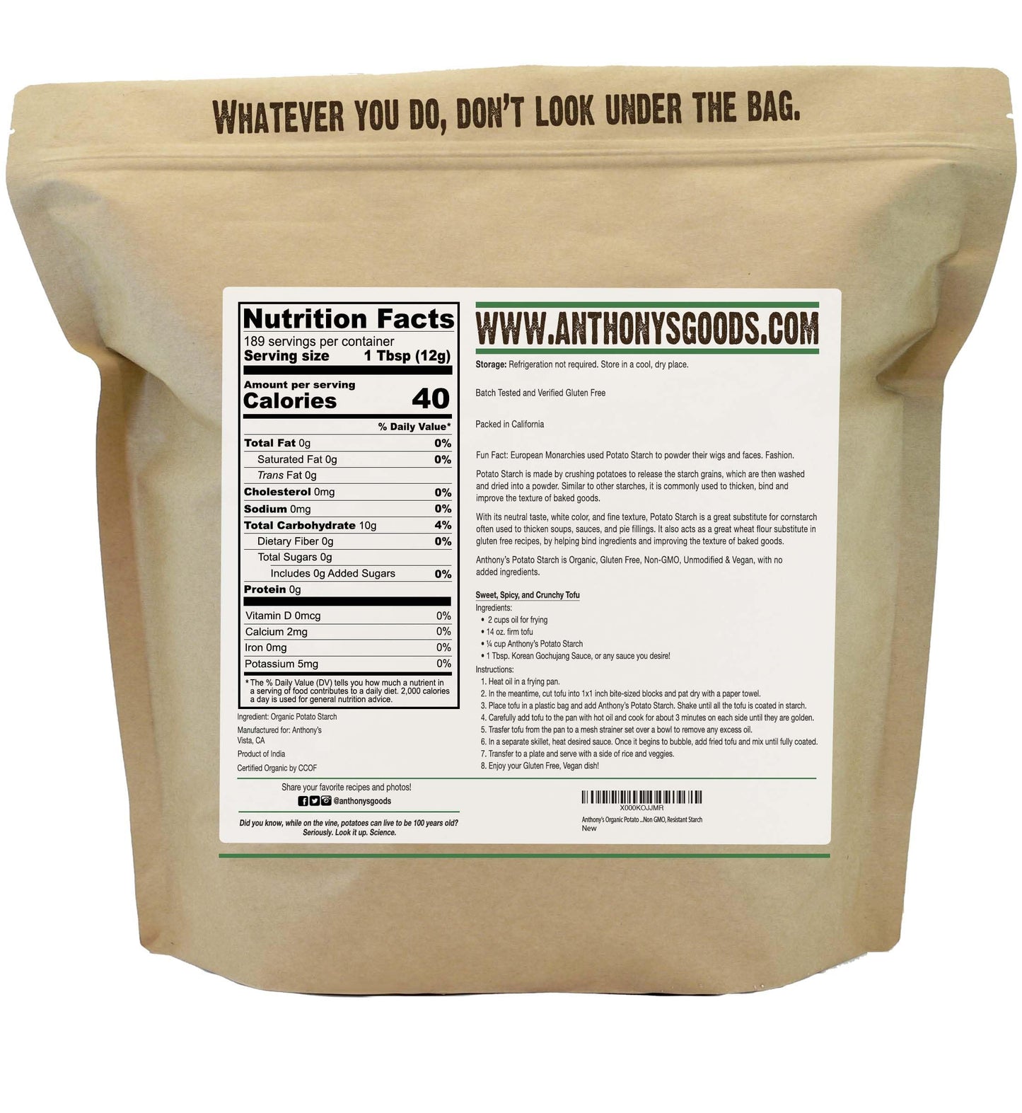 Anthony'S Organic Potato Starch, Unmodified, 5 Lb, Gluten Free & Non Gmo, Resistant Starch
