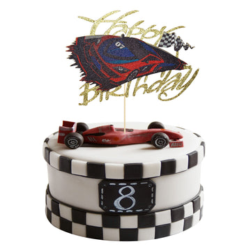 Gyufise 1Pcs Glitter Race Car Birthday Cake Topper Racing Happy Birthday Cake Decoration For Race Car Themed Party Supplies Deco