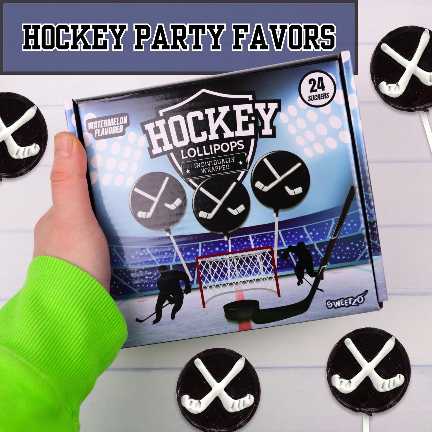 Sweetzo Hockey Puck Lollipops, Individually Wrapped Candy Party Favors, 24 Count, Ideal End of Year Team Gifts, Hockey Puck Size