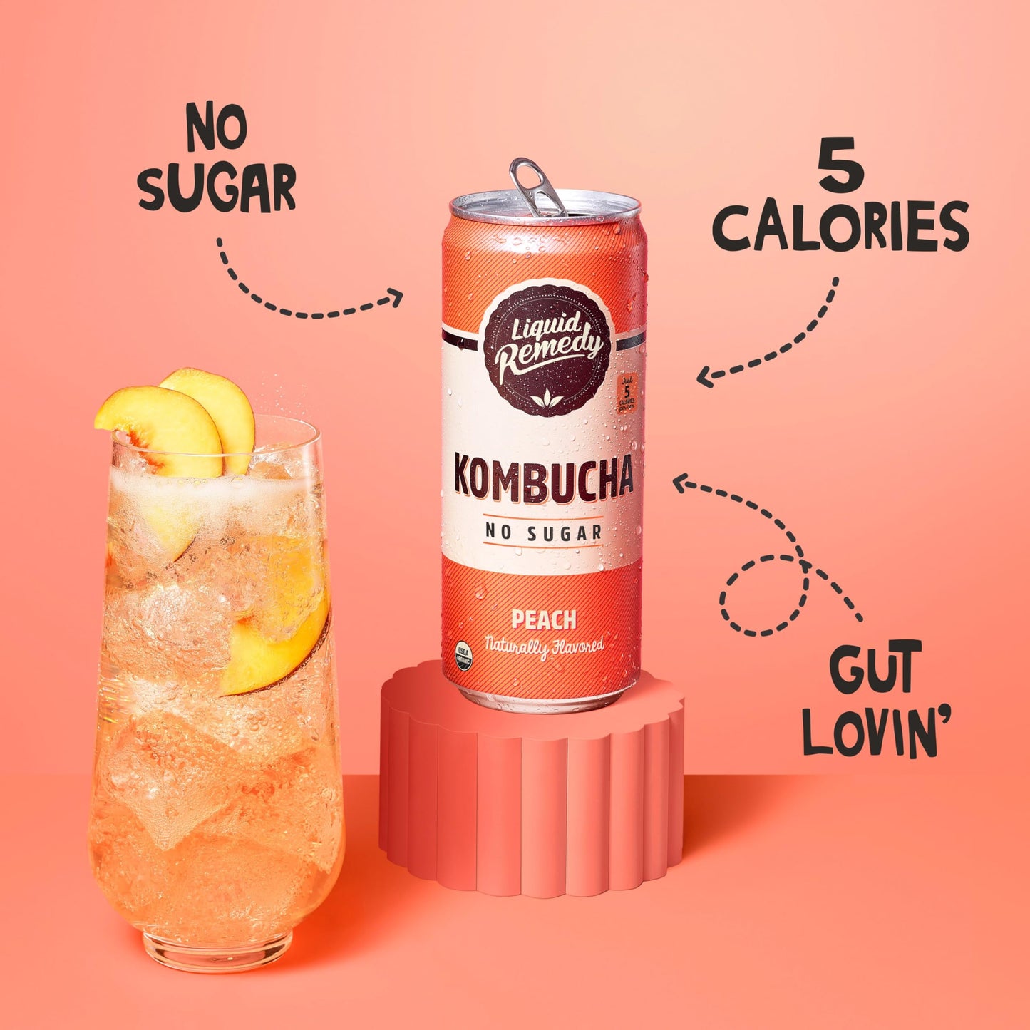 Liquid Remedy Kombucha Sugar Free Organic Drink, Low Calorie, Probiotic Like Tea For Gut Health - Peach - 8.5 Fl Oz Can, 24-Pack