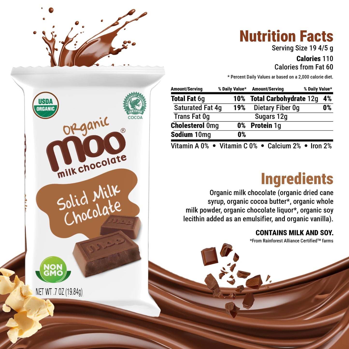 Moo Chocolates Organic Solid Milk Chocolate Mini Bars 0.7Oz, 14 Ct (Pack Of 1) | Usda Organic, Non-Gmo | 110 Calorie Snacks For