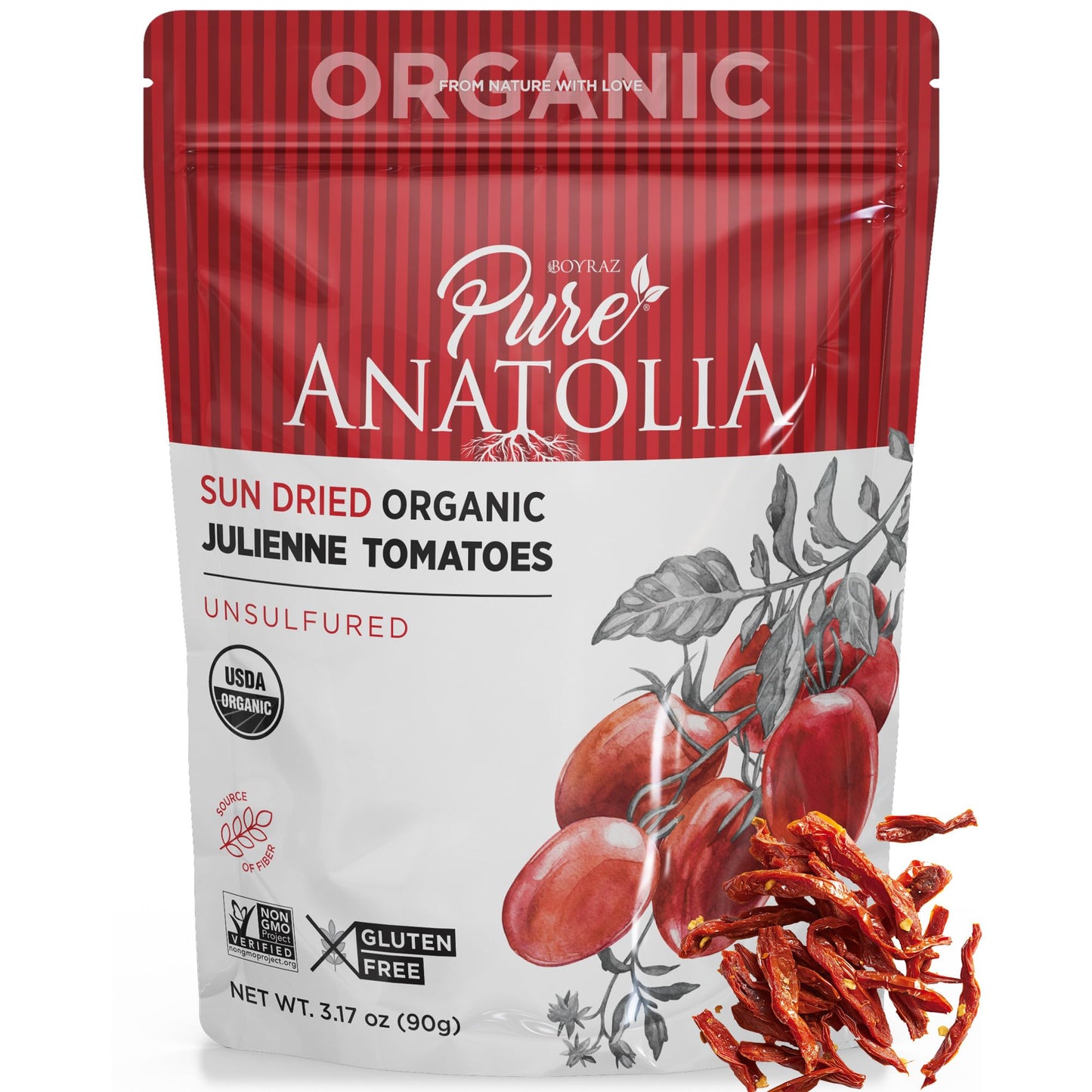 Boyraz Pure Anatolia Organic Sun Dried Tomatoes Julienne Cut, No Sugar Added, USDA Certified, Kosher & Halal, Pack of 6