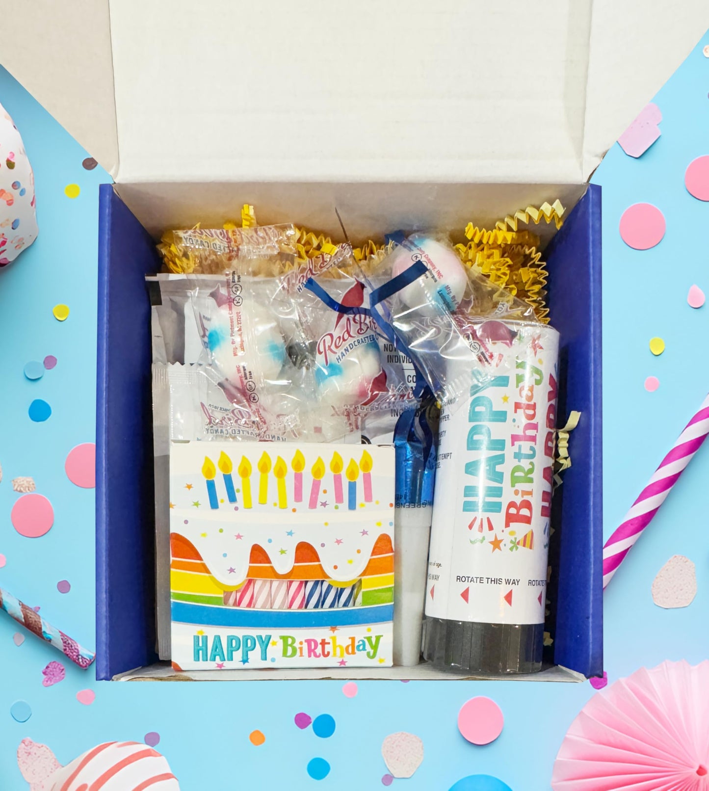 Birthday Box with Mug Cake Kit, Party Candles, Confetti Poppers, and Festive Treats - Complete Gift Set with Card, Mints, and Bi