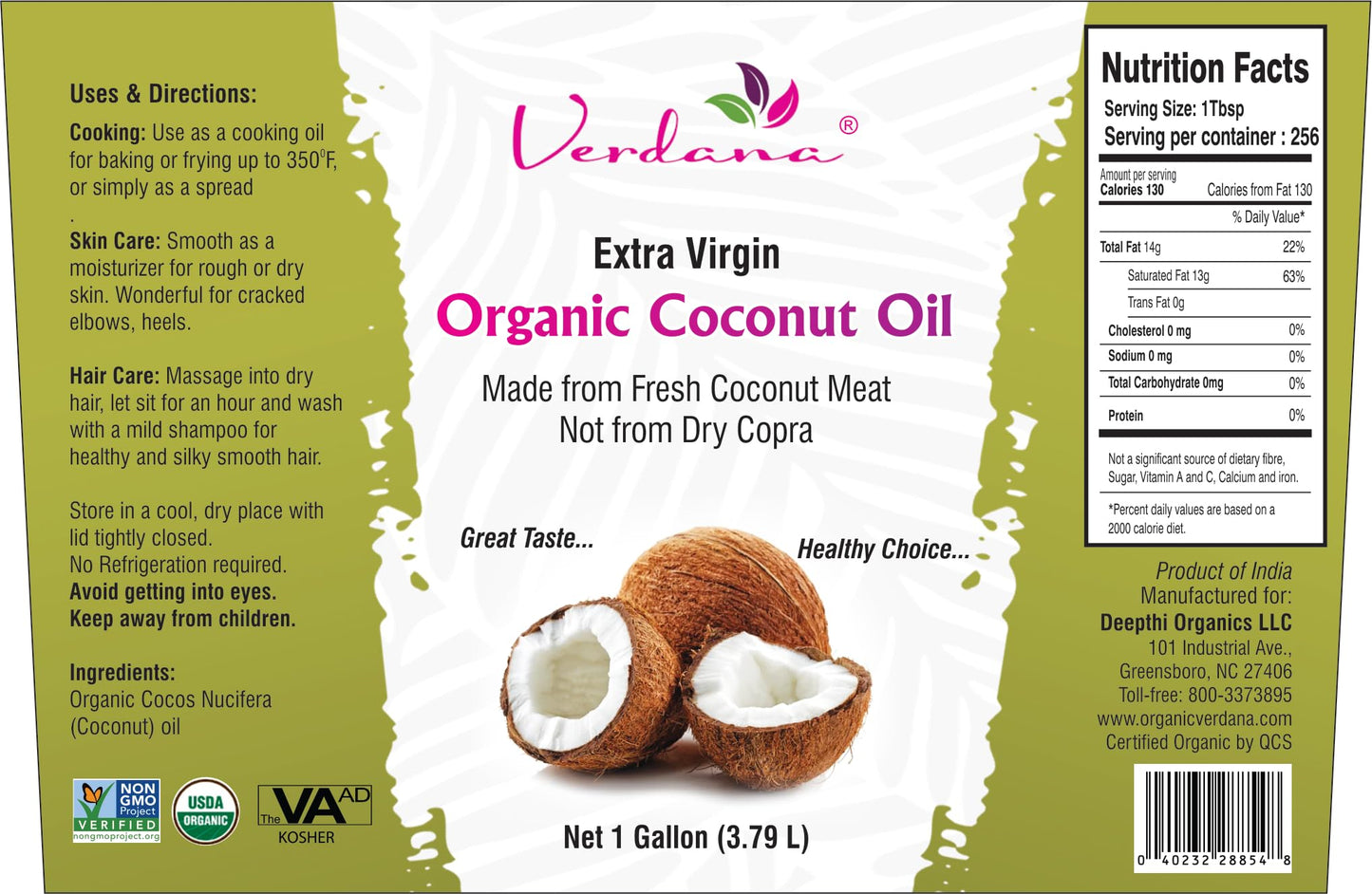 Verdana Extra Virgin Coconut Oil - USDA Organic  Unrefined Cold Pressed Oil for Baking and Cooking - 1 Gallon