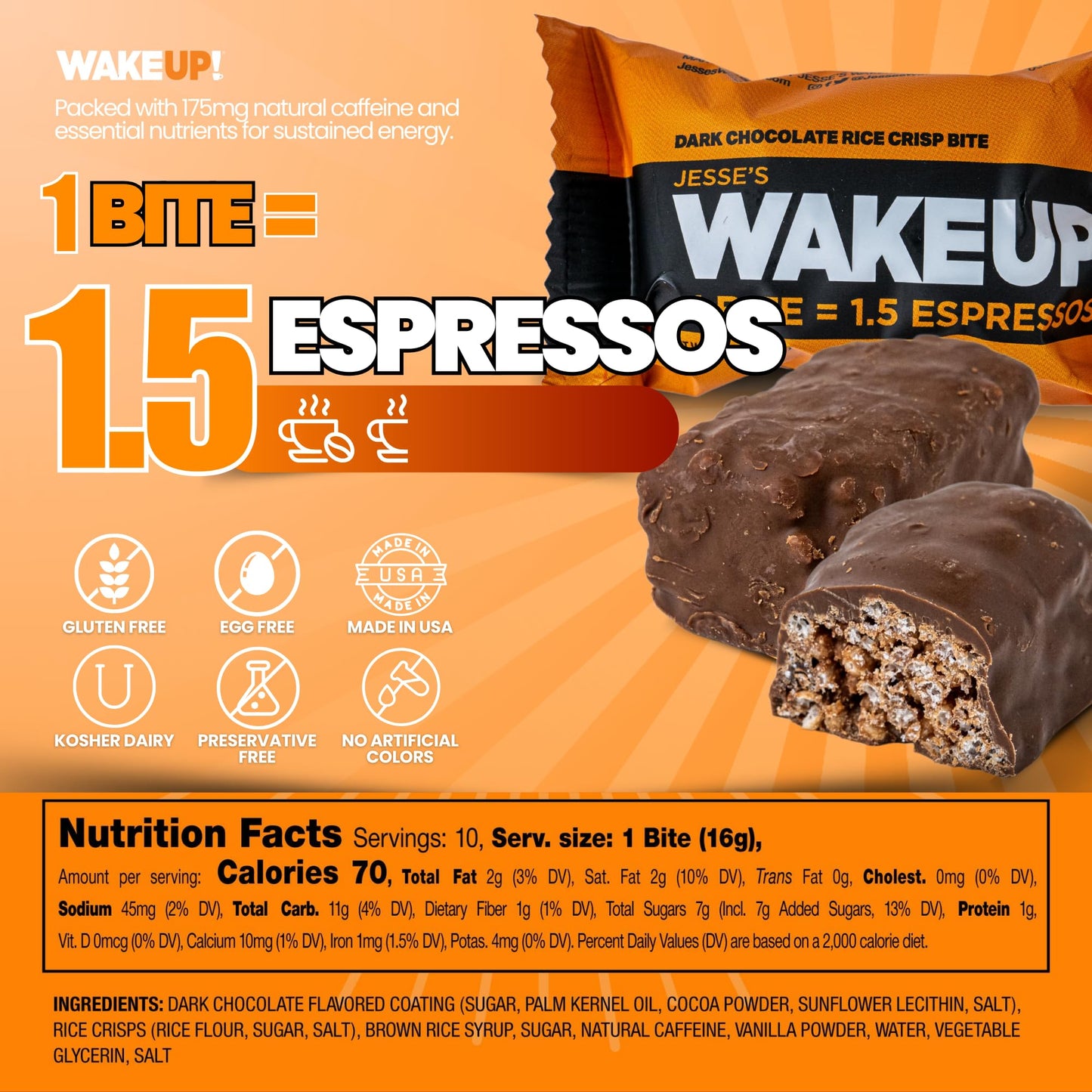 Wake Up! Energy Bites – Dark Chocolate – 8 Pack | 1 Bite = 1.5 Espressos (175Mg Clean Caffeine) | Vegan, Gluten-Free, Kosher | Smooth Focus & Crash-Free Energy For Work, Study & Fitness