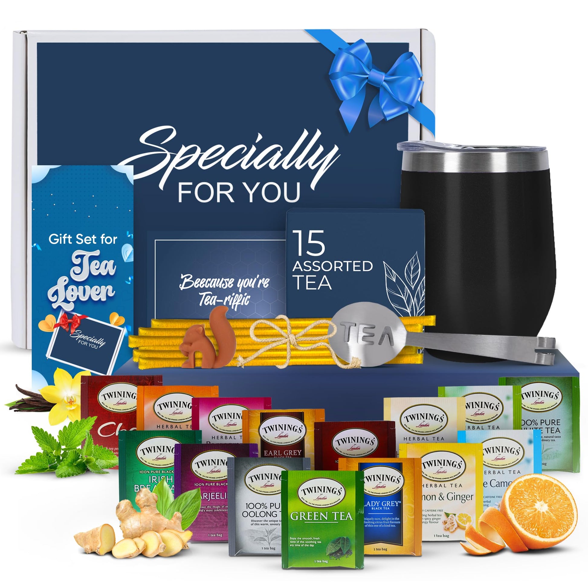 Tea Gift Set For Women And Men – Elegant Tea Sets For Women Gift With 15 Unique Teas, Stainless Steel Tumbler & 10 Honey Straws In Enhanced Box (Black)