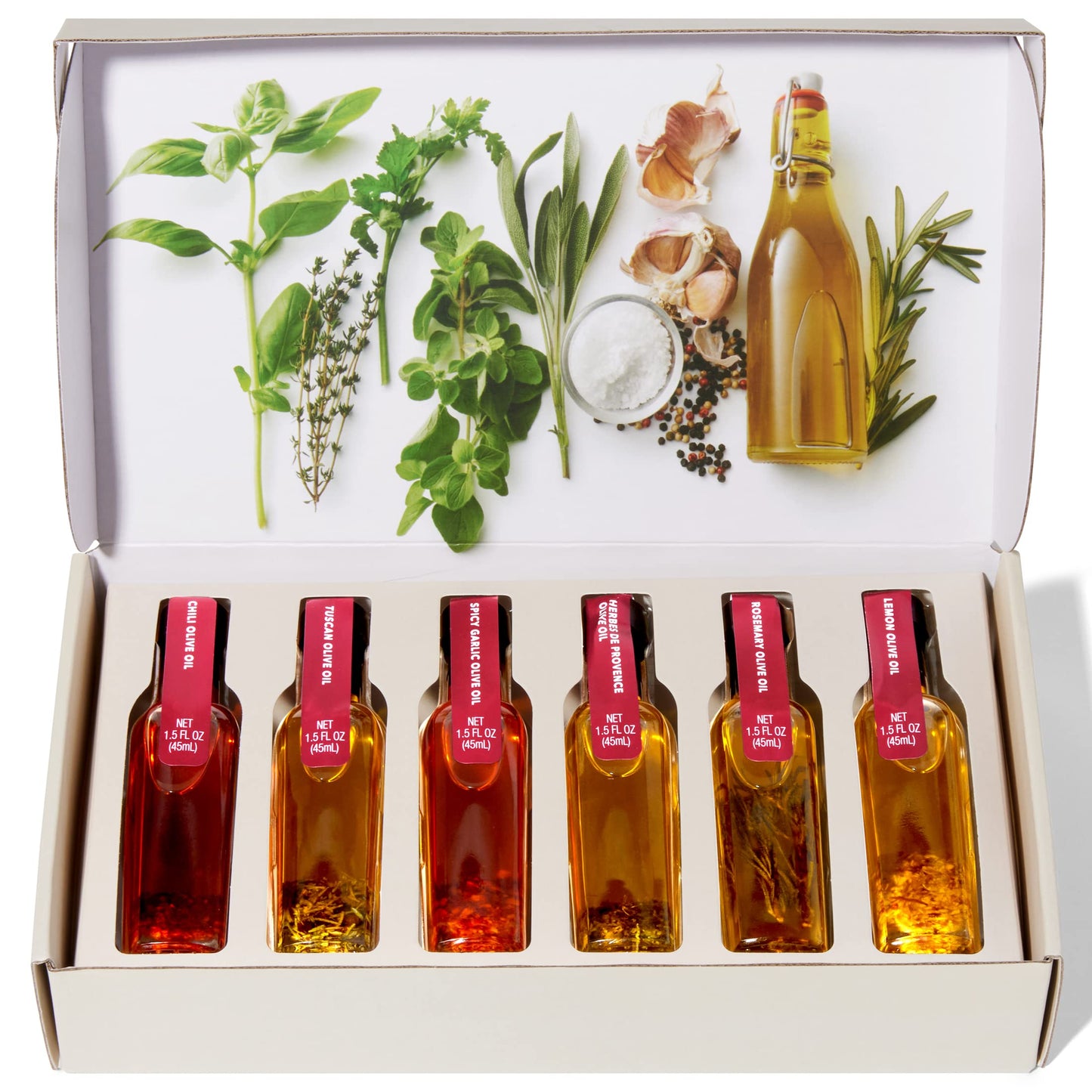 Thoughtfully Gourmet Spice Infused Olive Oil Gift Set, 1.5 Fl Oz (Pack of 7), Flavors: Chili, Rosemary, Lemon, Garlic, Herbs, Tuscan