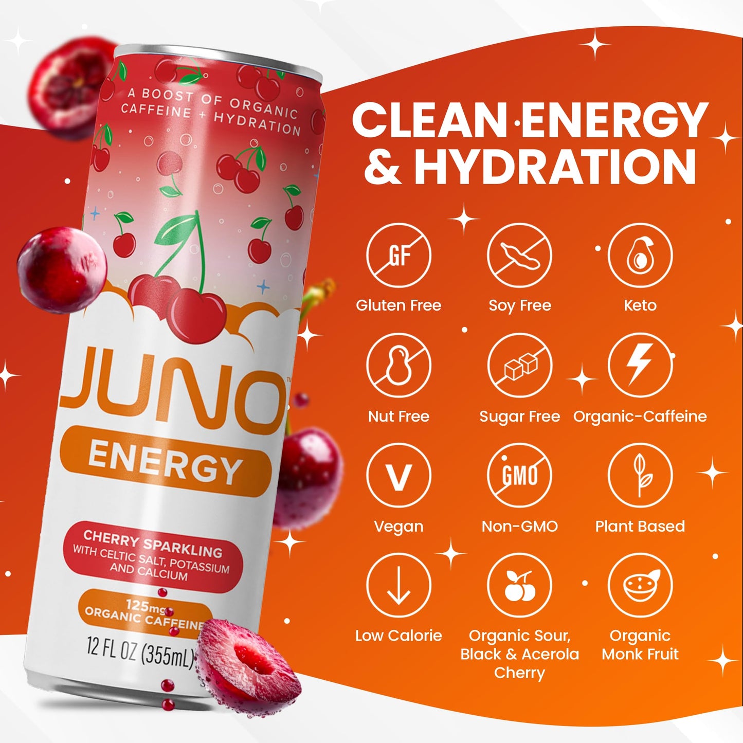 JUNO ENERGY Organic Cherry Sparkling Drink - Sugar Free Electrolytes  Energizing and Hydrating with 125mg Organic Caffeine from Green Coffee Beans  Organic Monk Fruit  Organic Sour and Black Cherry Juice & Electrolytes - Vegan  Gluten Free  12 Pack