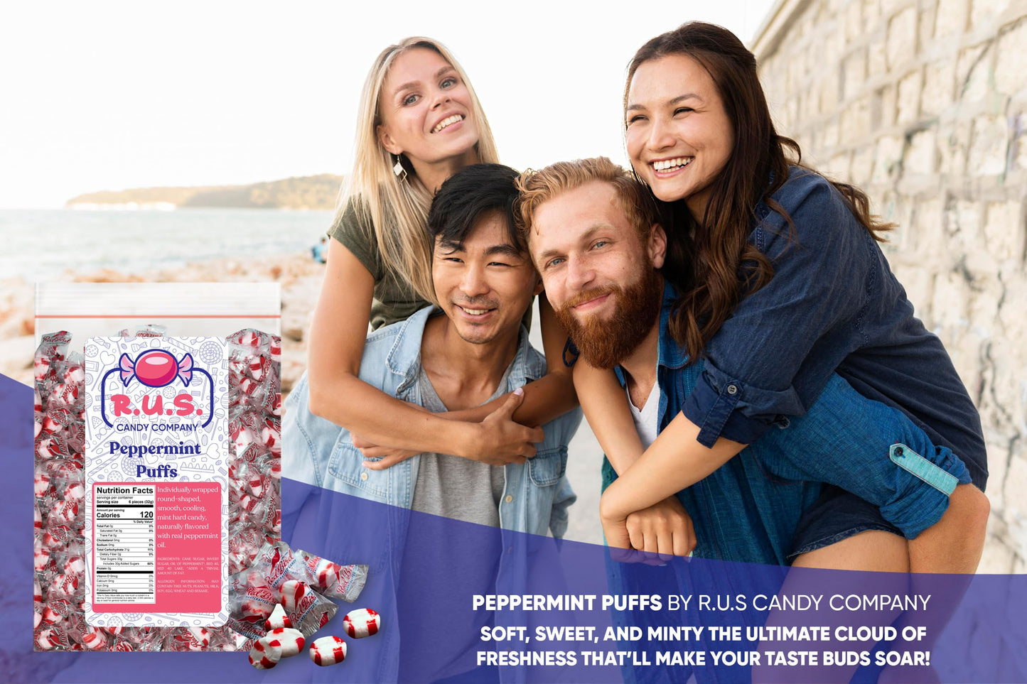 R.U.S. Candy Company Peppermint Puffs Candy - 2 Pound Bag - Refreshing Soft Mint Candy Perfect For Parties And Holiday Celebrati