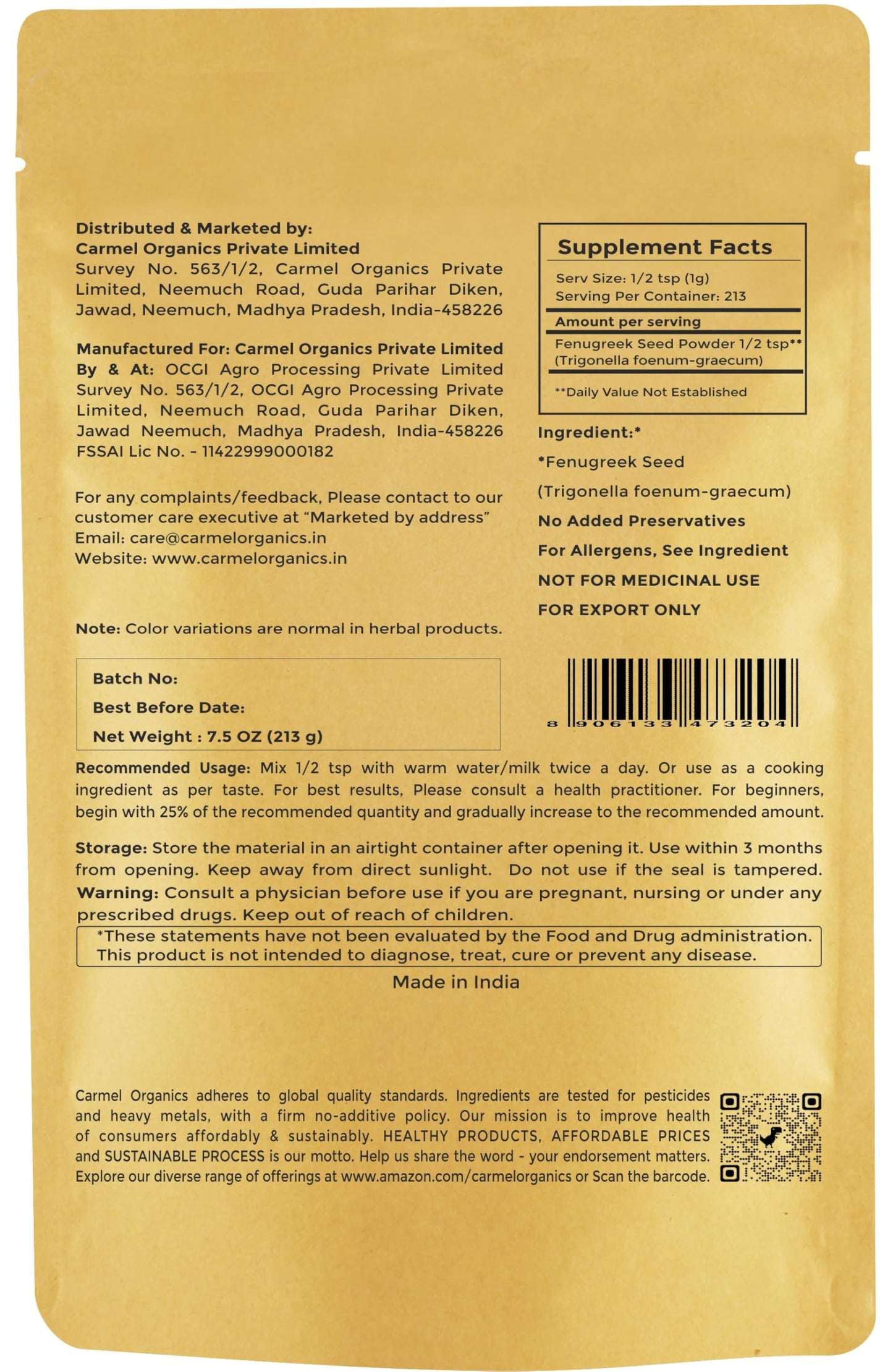 Fenugreek Seed Powder - 7.5 Ounce | Pure & Natural | Non-Gmo | Perfect For Cooking, Herbal Remedies & Beauty Care, No Added Pres