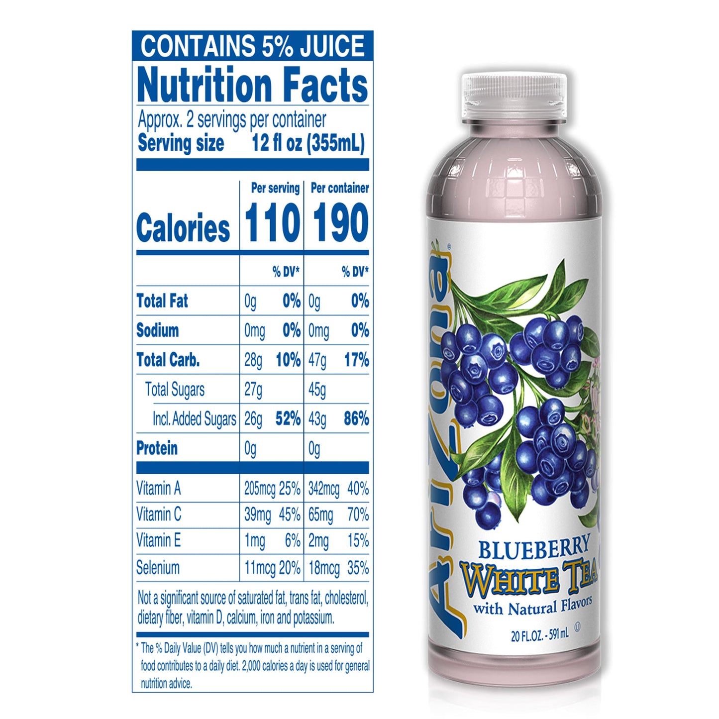 AriZona Premium Brewed Blueberry White Tea, 20 Fl Oz, Pack of 24