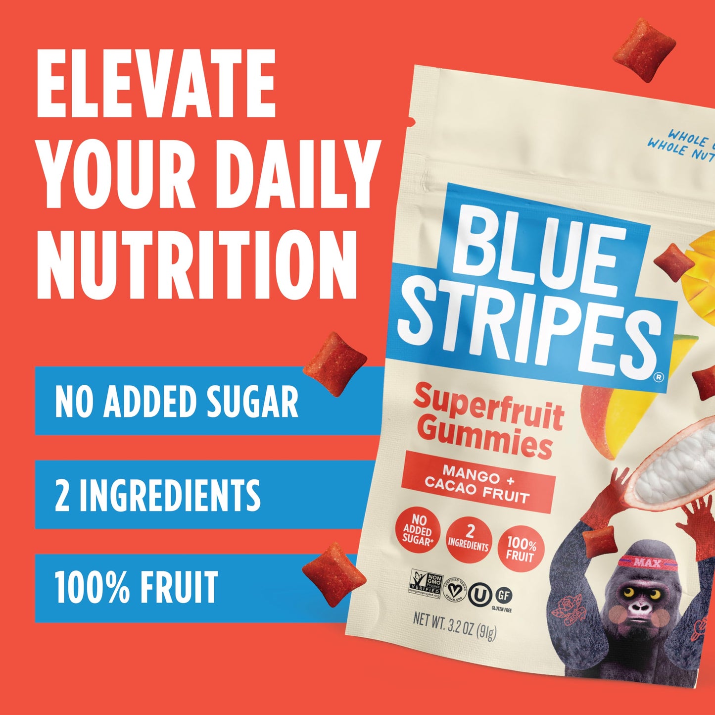 Blue Stripes Cacao Superfruit Gummies - Vegan Chewy Fruity Snack  No Sugar Added 100% Fruit Gummy  9 Essential Vitamins & Minerals  Natural Tropical Superfood - Mango & Cacao  3.2oz