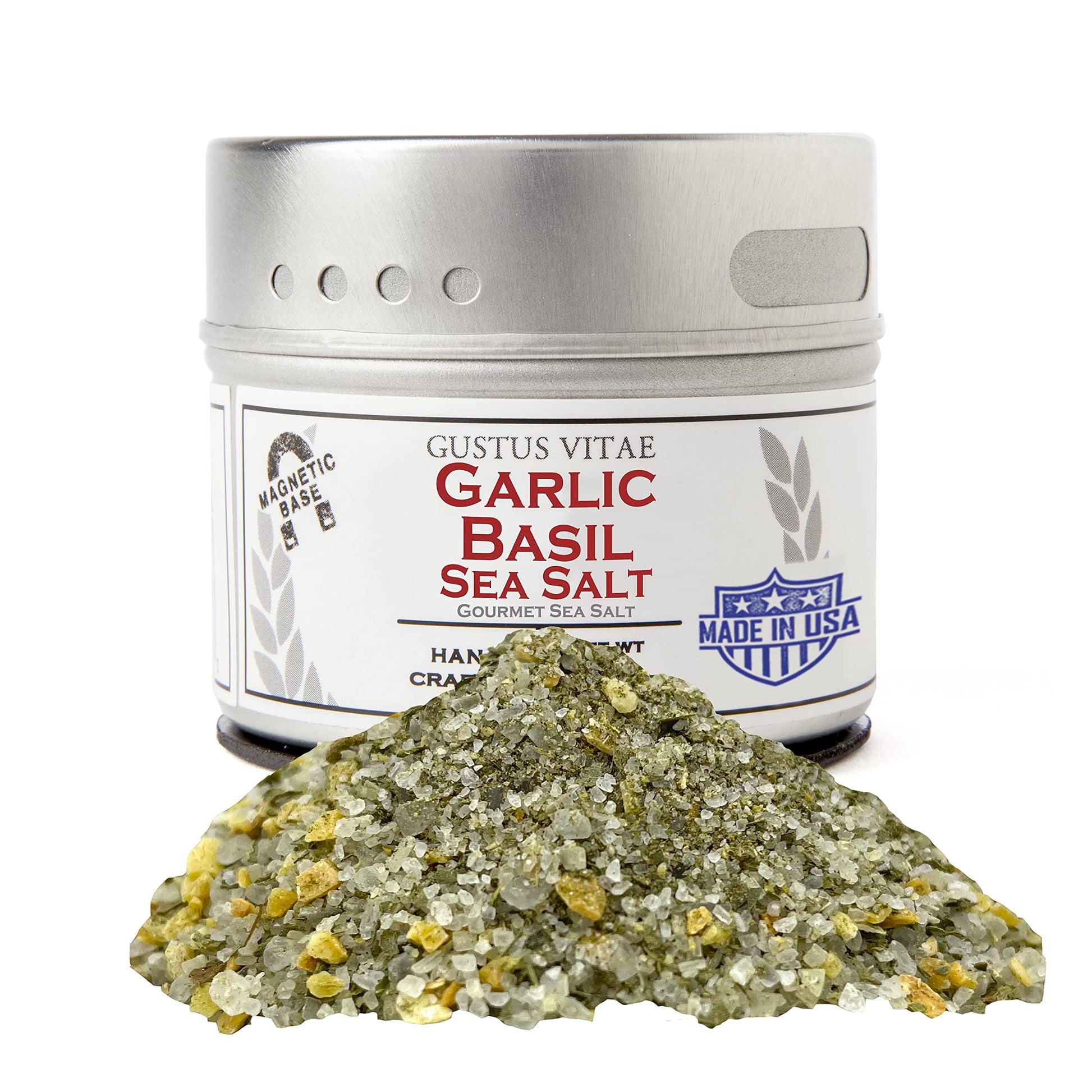 Gustus Vitae - Garlic Basil Sea Salt - Non Gmo - Magnetic Tin - 2.5 Ounce - Authentic Gourmet Seasoning & Craft Spice Blend - Cr