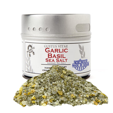 Gustus Vitae - Garlic Basil Sea Salt - Non Gmo - Magnetic Tin - 2.5 Ounce - Authentic Gourmet Seasoning & Craft Spice Blend - Cr
