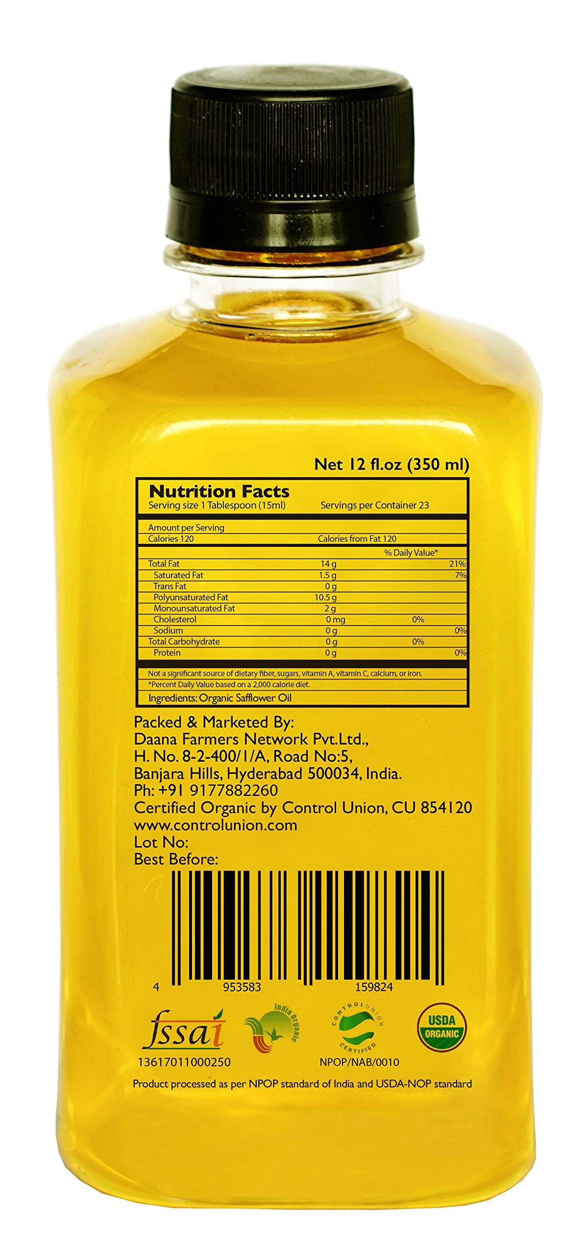 DAANA Organic Safflower Oil, Extra Virgin, Cold Pressed, High Oleic, 12 Fl Oz - USDA Certified, Healthy Cooking Oil