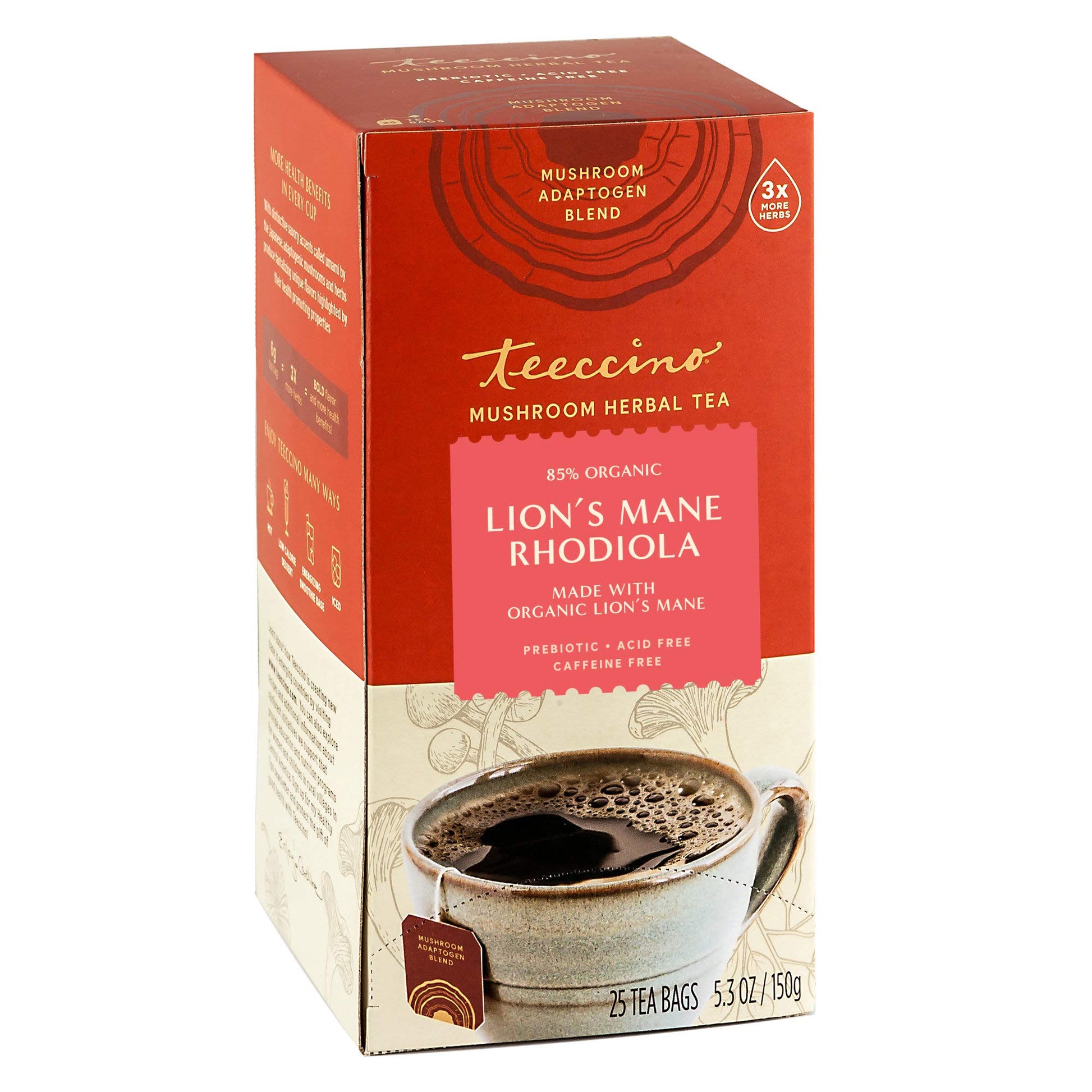 Teeccino Herbal Tea - Lions Mane & Rhodiola Rose, Caffeine-Free, Prebiotic, 25 Count