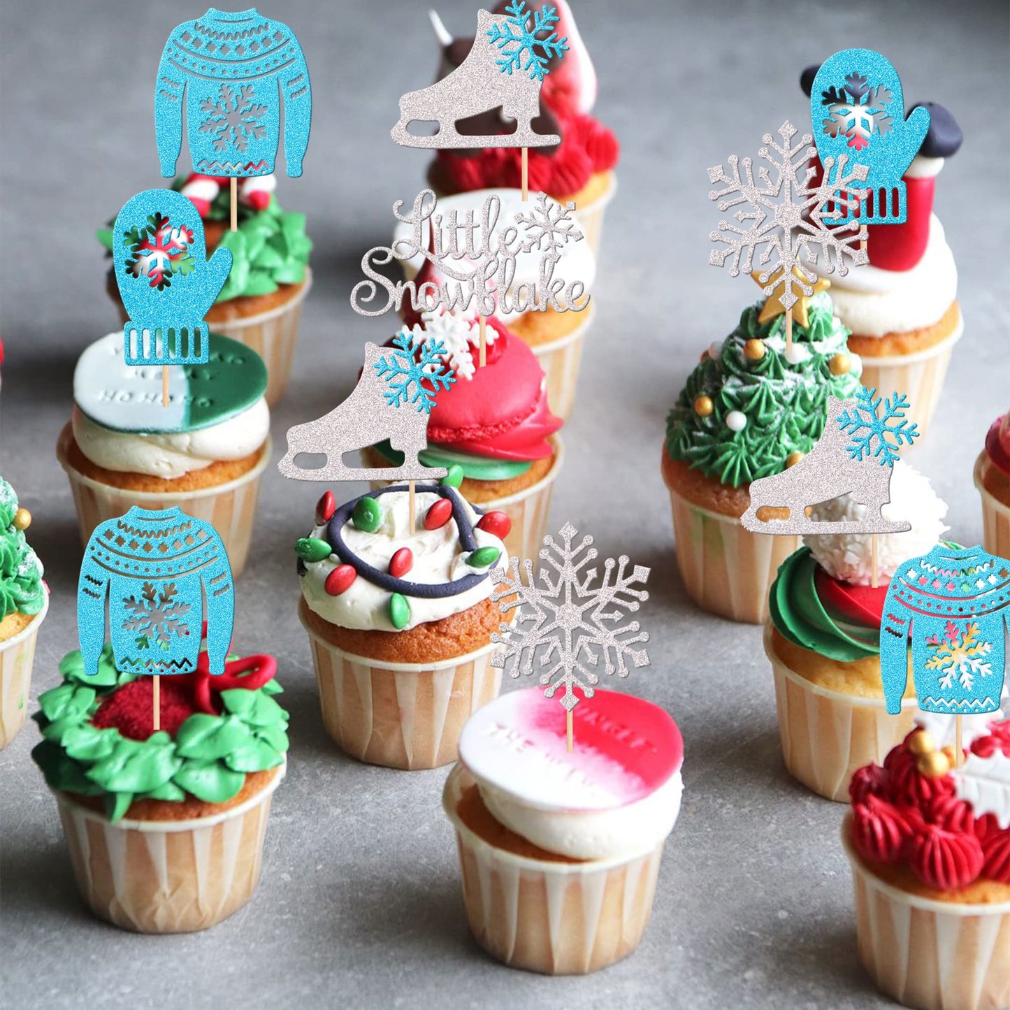 30 Pcs Snowflake Cupcake Toppers Glitter Skate Shoe Gloves Sweater Cupcake Picks For Snowflake Theme Winter Wonderland Baby Show
