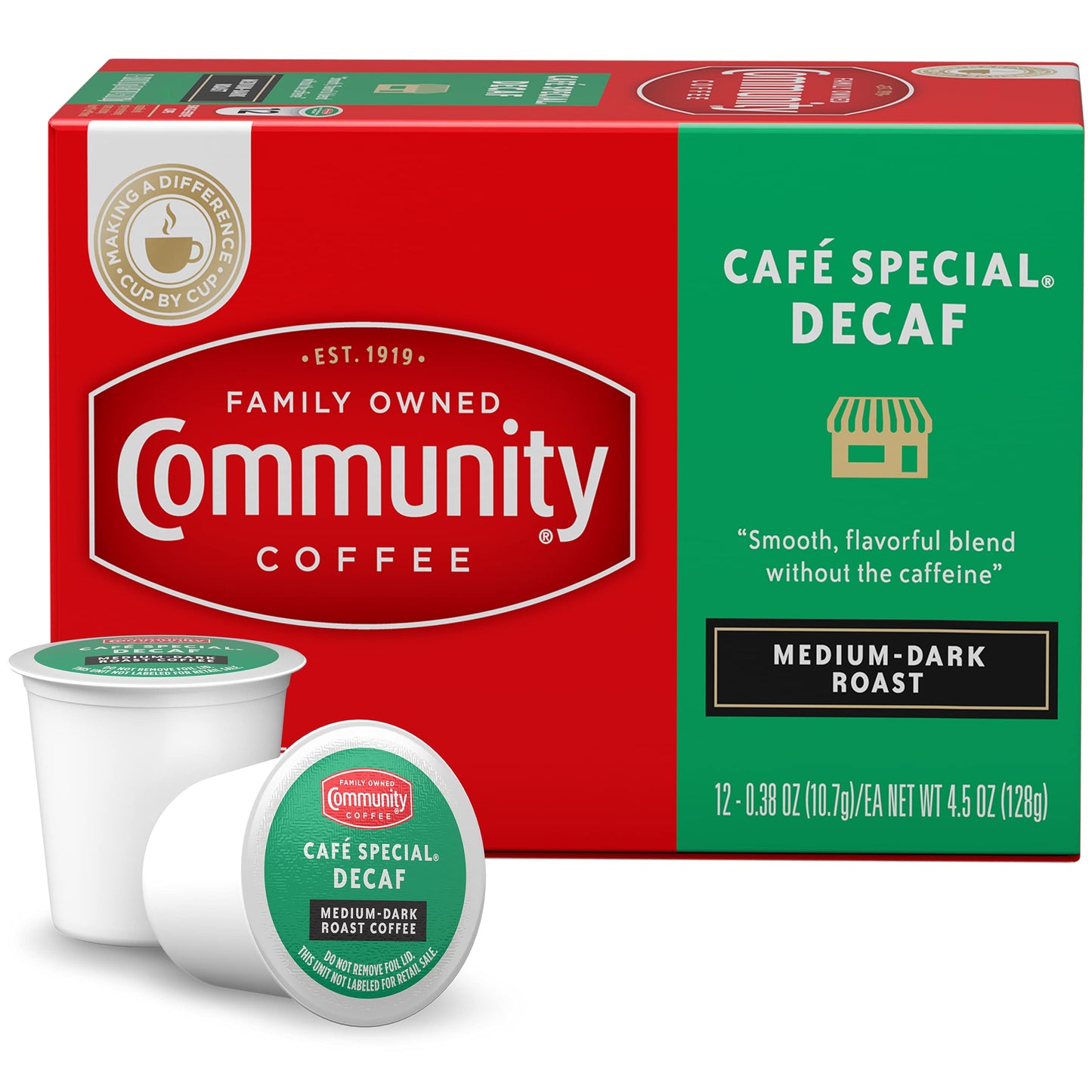 Community Coffee Café Special Decaf 12 Count Coffee Pods, Medium Dark Roast, Compatible with Keurig 2.0, Red