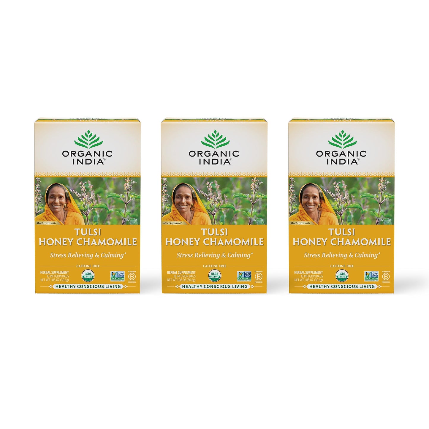 ORGANIC INDIA Tulsi Honey Chamomile Tea Bags - Herbal Tea, Caffeine Free, USDA Organic, 18 Count (Pack of 3)