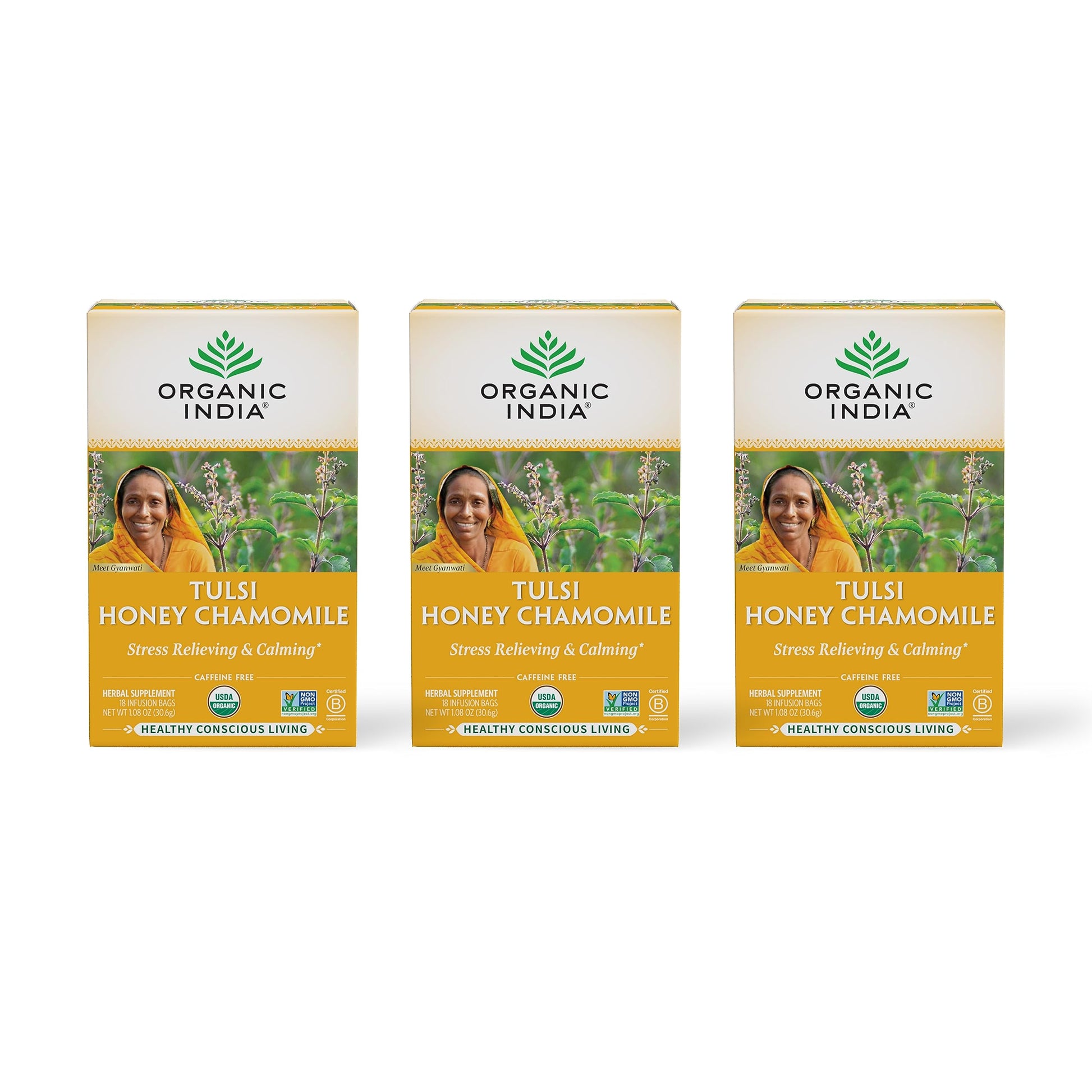 ORGANIC INDIA Tulsi Honey Chamomile Tea Bags - Herbal Tea, Caffeine Free, USDA Organic, 18 Count (Pack of 3)