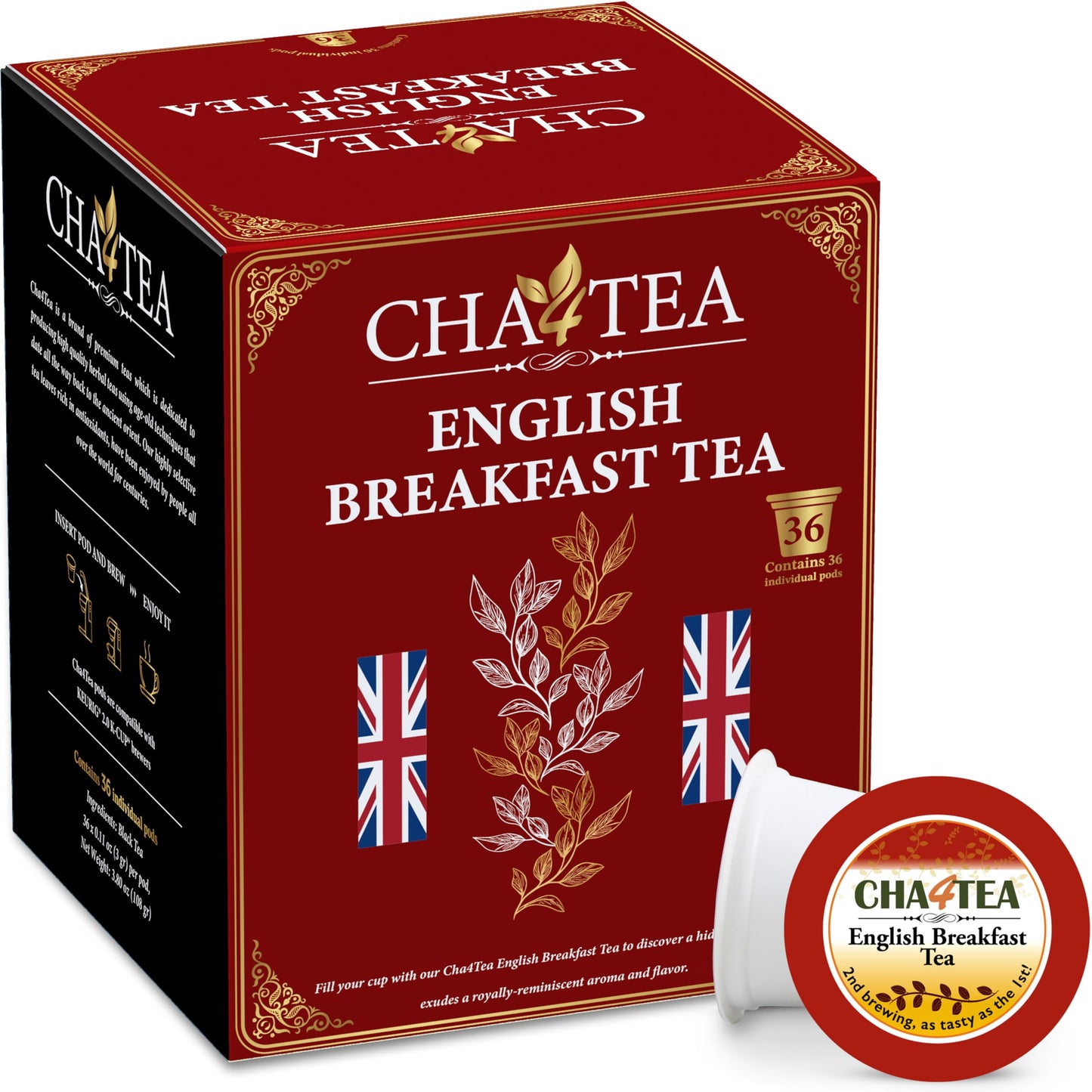 Cha4TEA English Breakfast Tea K-Cup Pods, 36 Count, Model TE-005-1