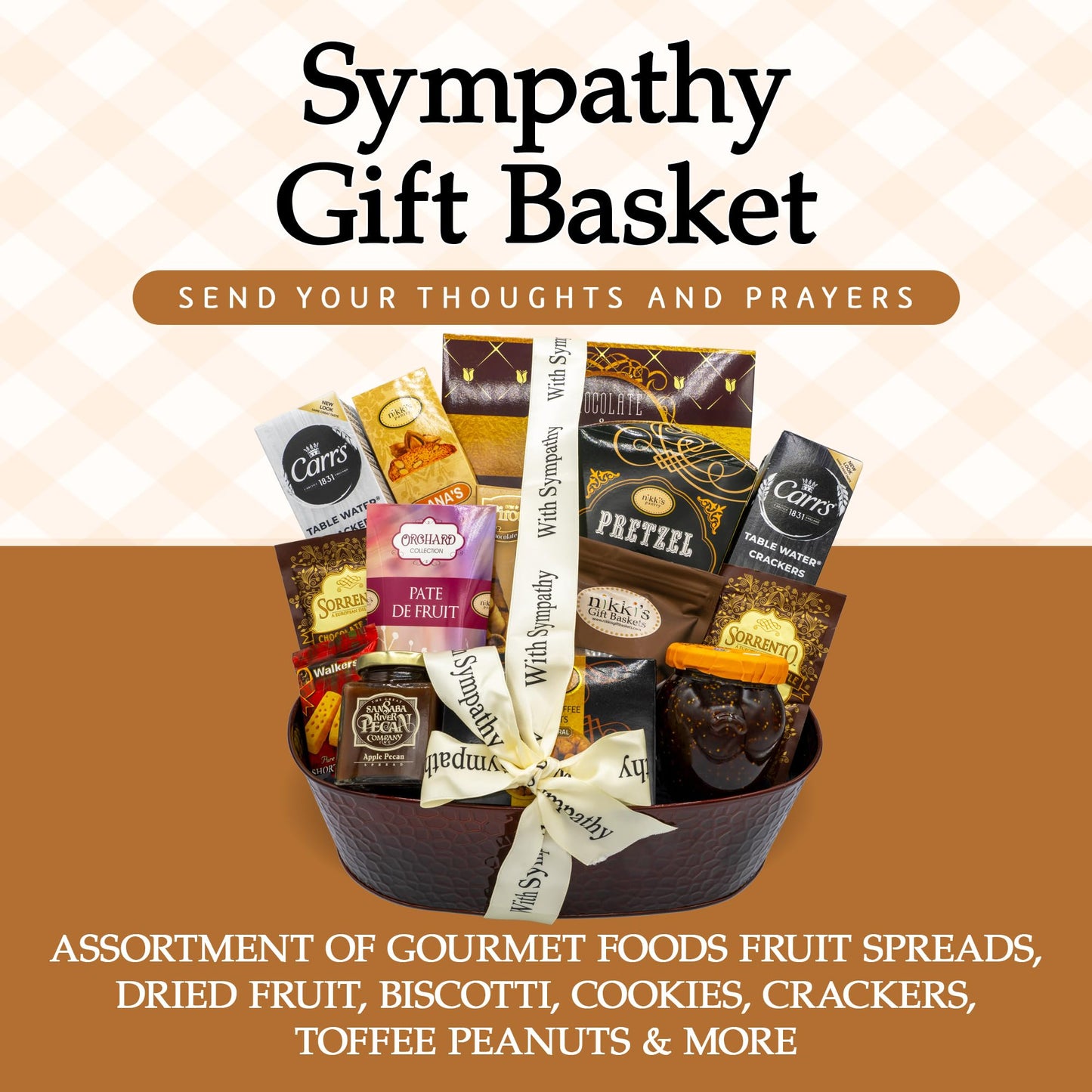 With Sincere Sympathy Condolence Gift Basket For Loss Of A Loved One, Gourmet & Elegantly Arranged Funeral Basket, Dark Copper B