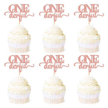 Ercadio 24 Pack Onederful Cupcake Toppers Rose Gold Glitter Onederful Cupcake Picks Onederful Cupcake Decorations For Baby Showe
